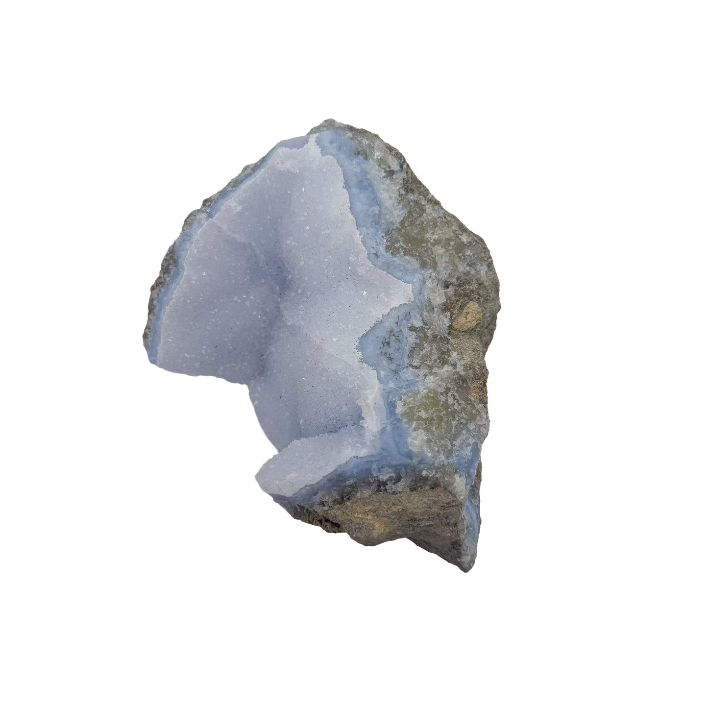 Blue lace agate raw geode, detail of pale blue lacy banding