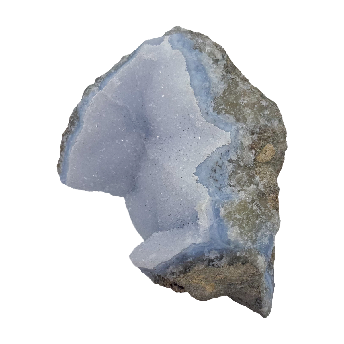 Blue lace agate raw geode, detail of pale blue lacy banding