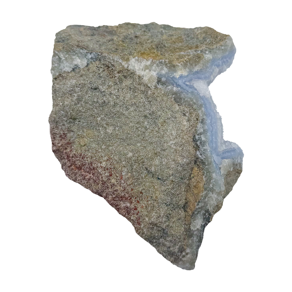 Blue lace agate raw geode, base of the piece showing how it stands