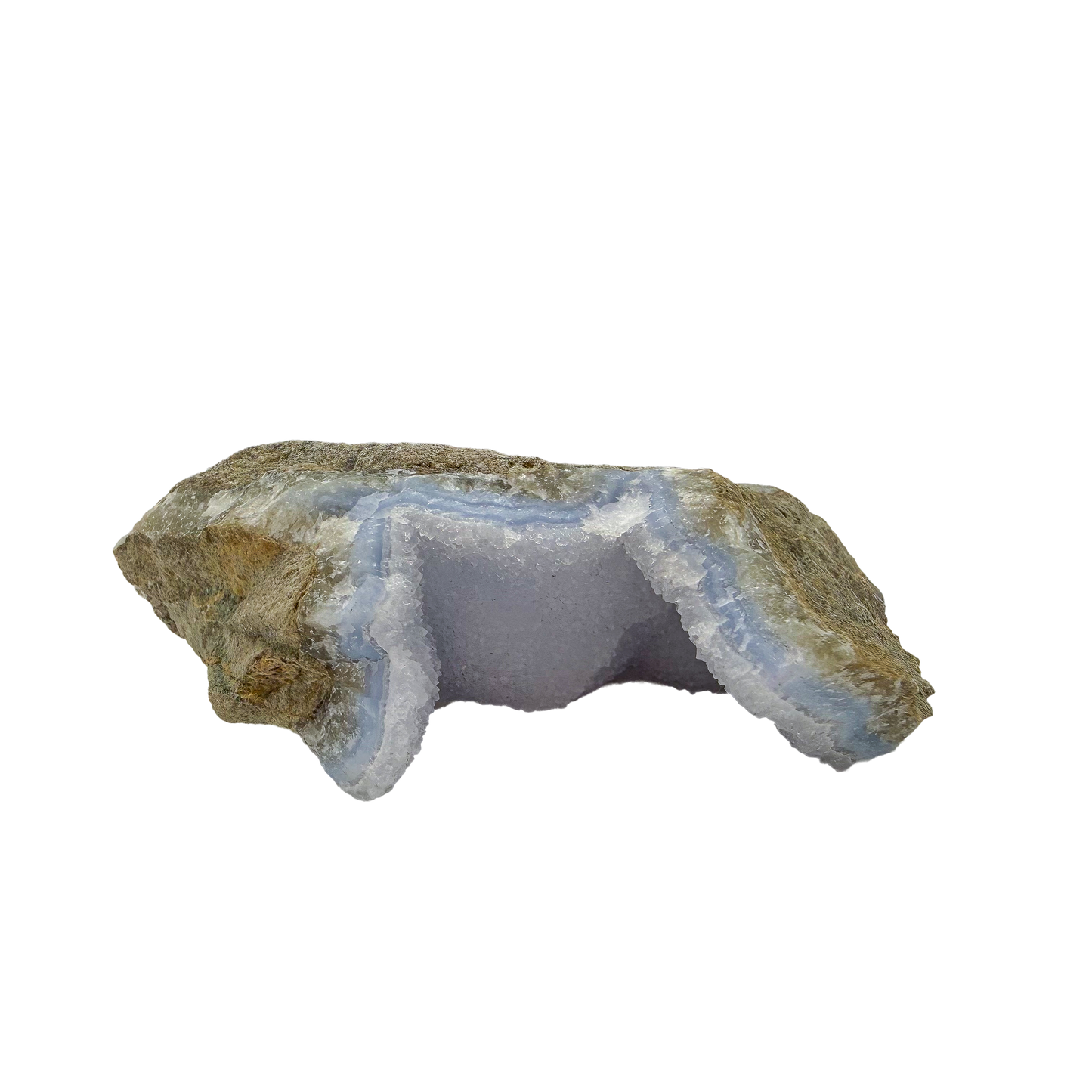 Blue lace agate raw geode, rear view of rough tan and grey host rock