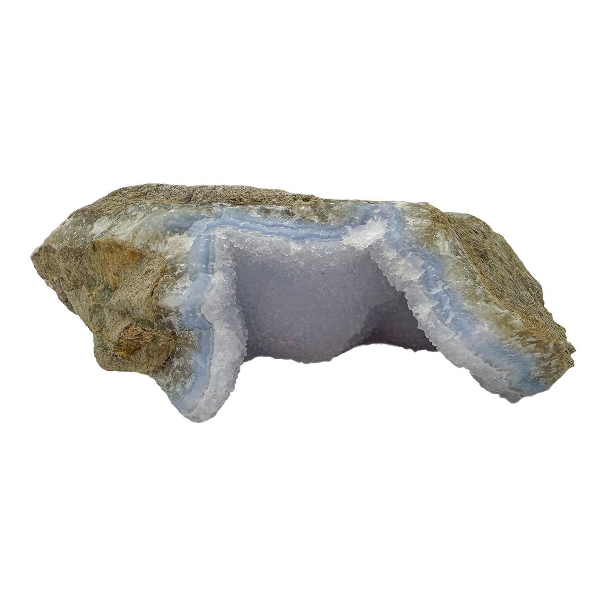 Blue lace agate raw geode, rear view of rough tan and gray host rock