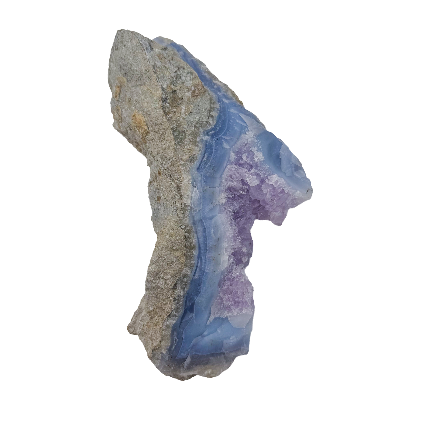 Blue lace agate raw geode from Malawi, full length of the banded blue seam
