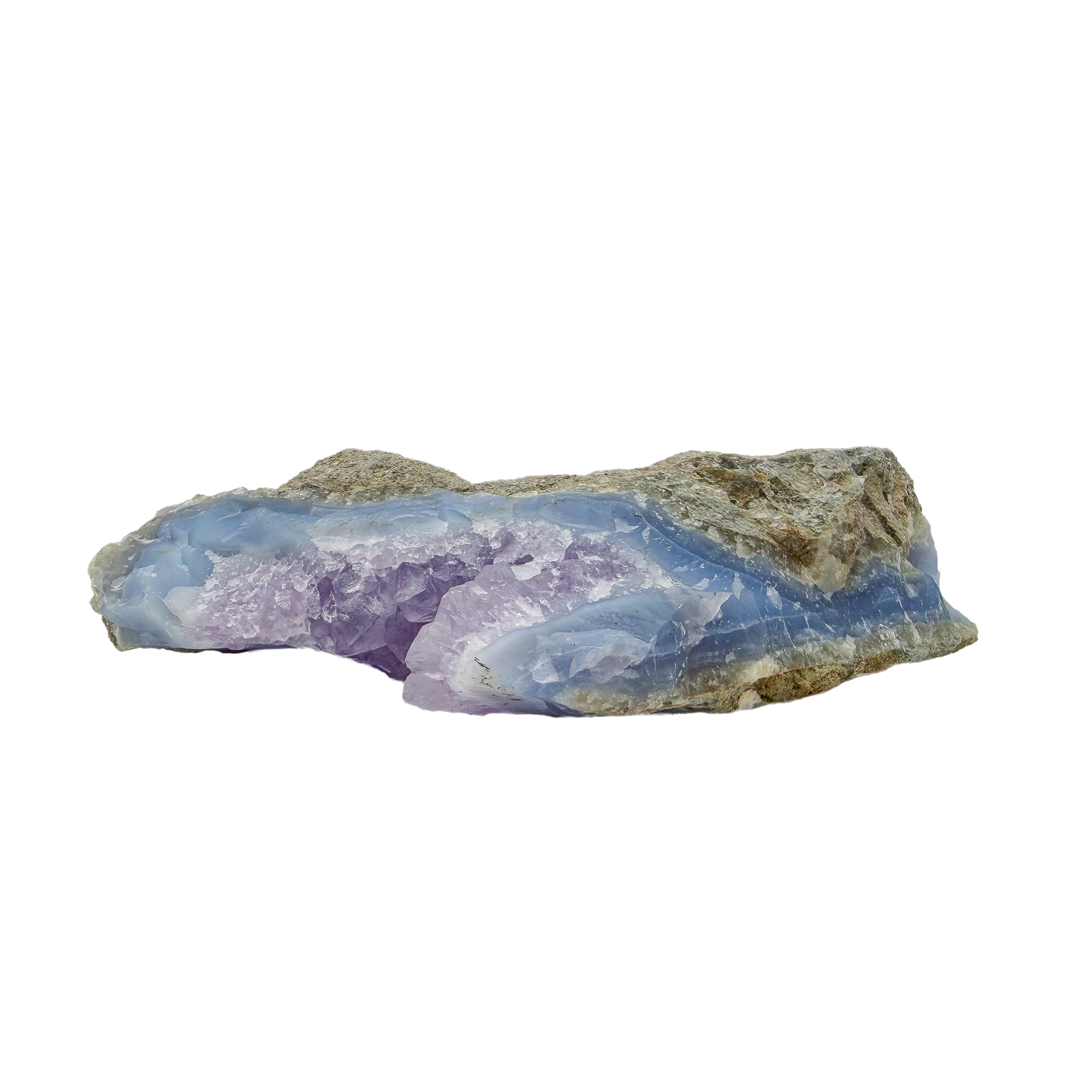 Blue lace agate raw geode, long profile showing the shallow open vug