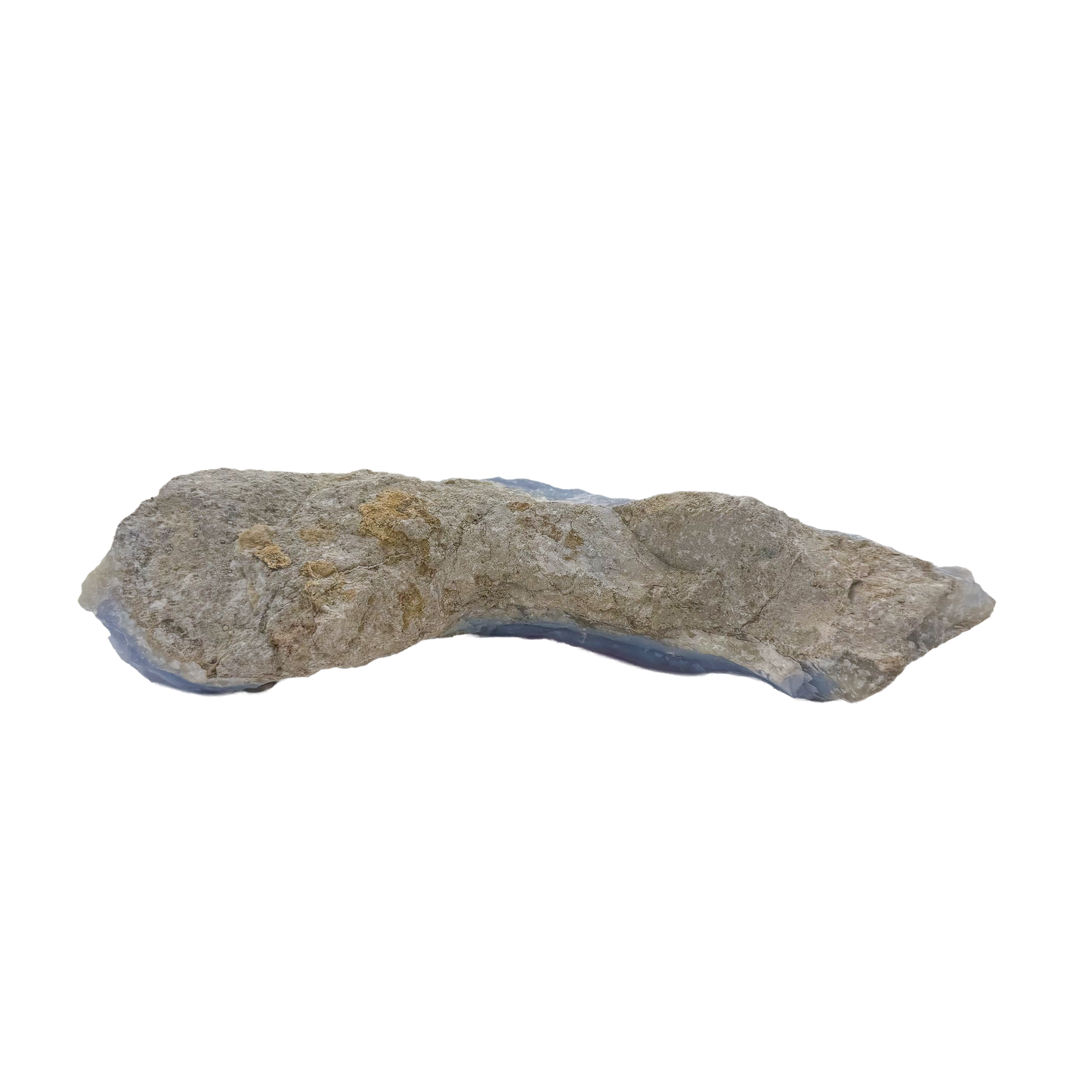 Blue lace agate raw geode, rear view of rough tan and grey host rock