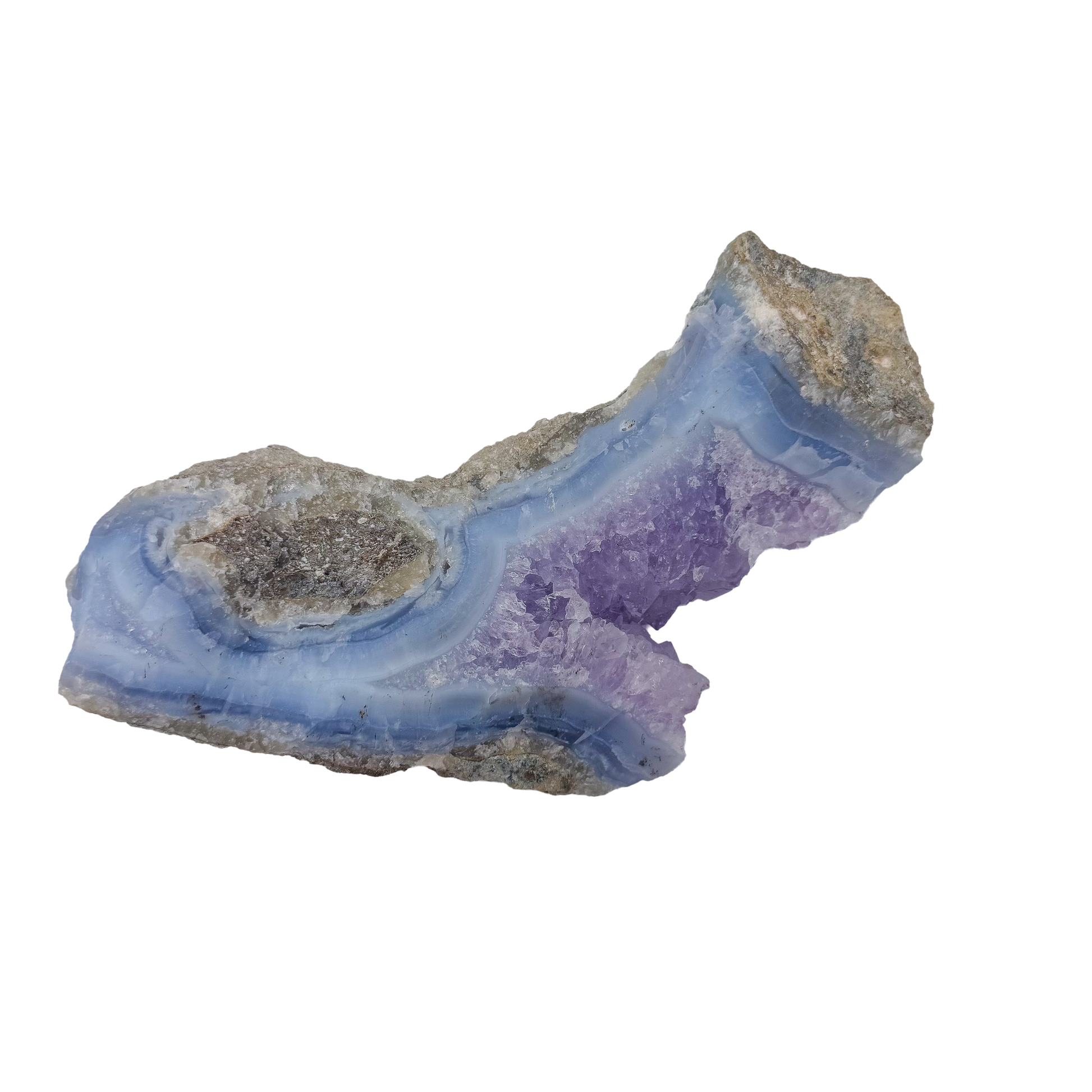 Blue lace agate raw geode, deepest blue banding across the cavity face