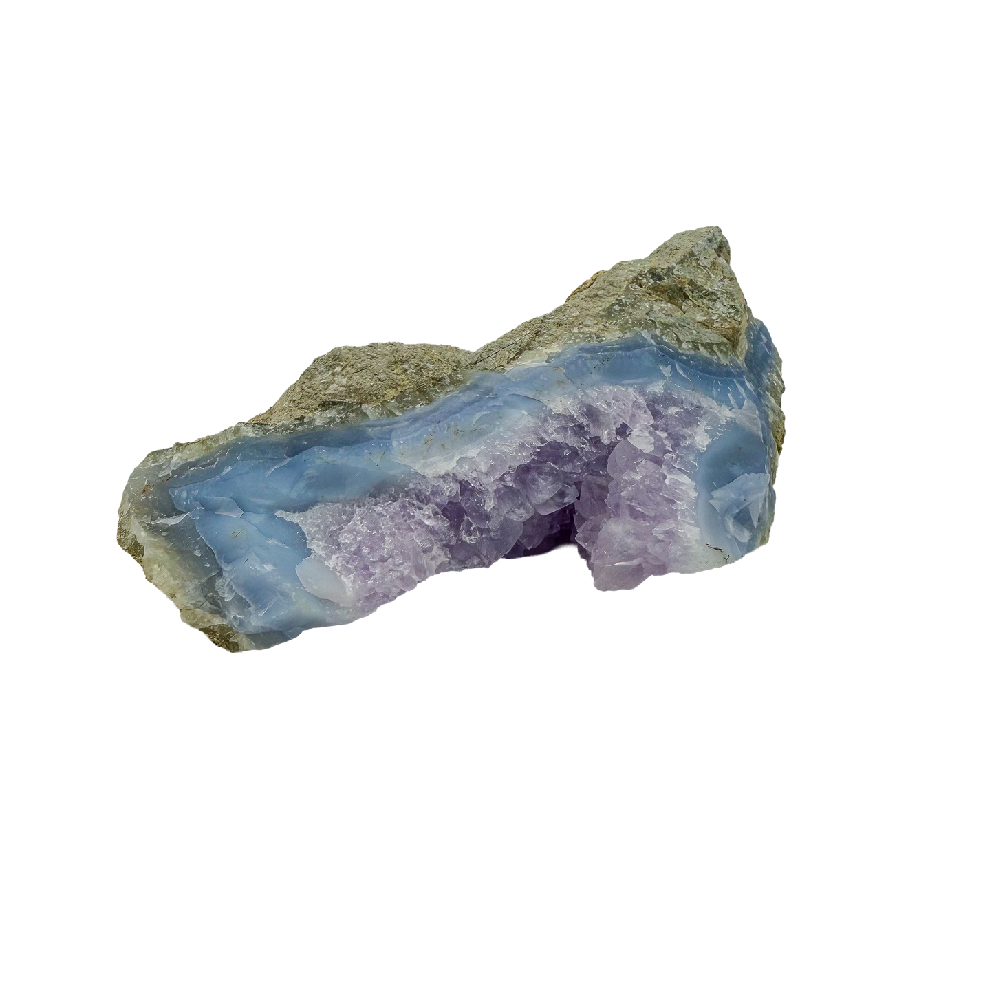 Blue lace agate raw geode, detail of pale blue lacy layers and druzy