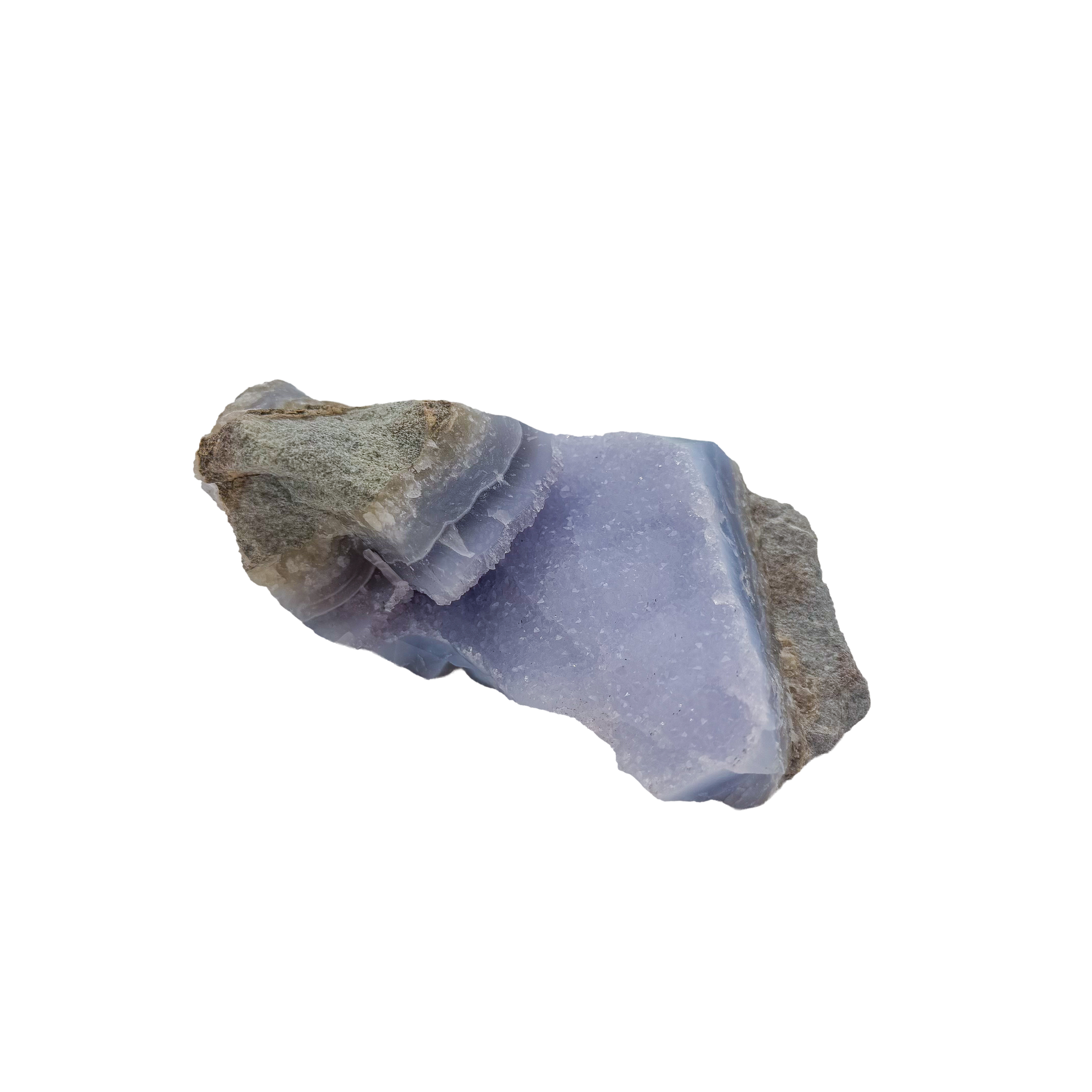 Blue lace agate raw geode from Malawi, AA grade, 6.43 inch piece with a broad open cavity of blue druzy