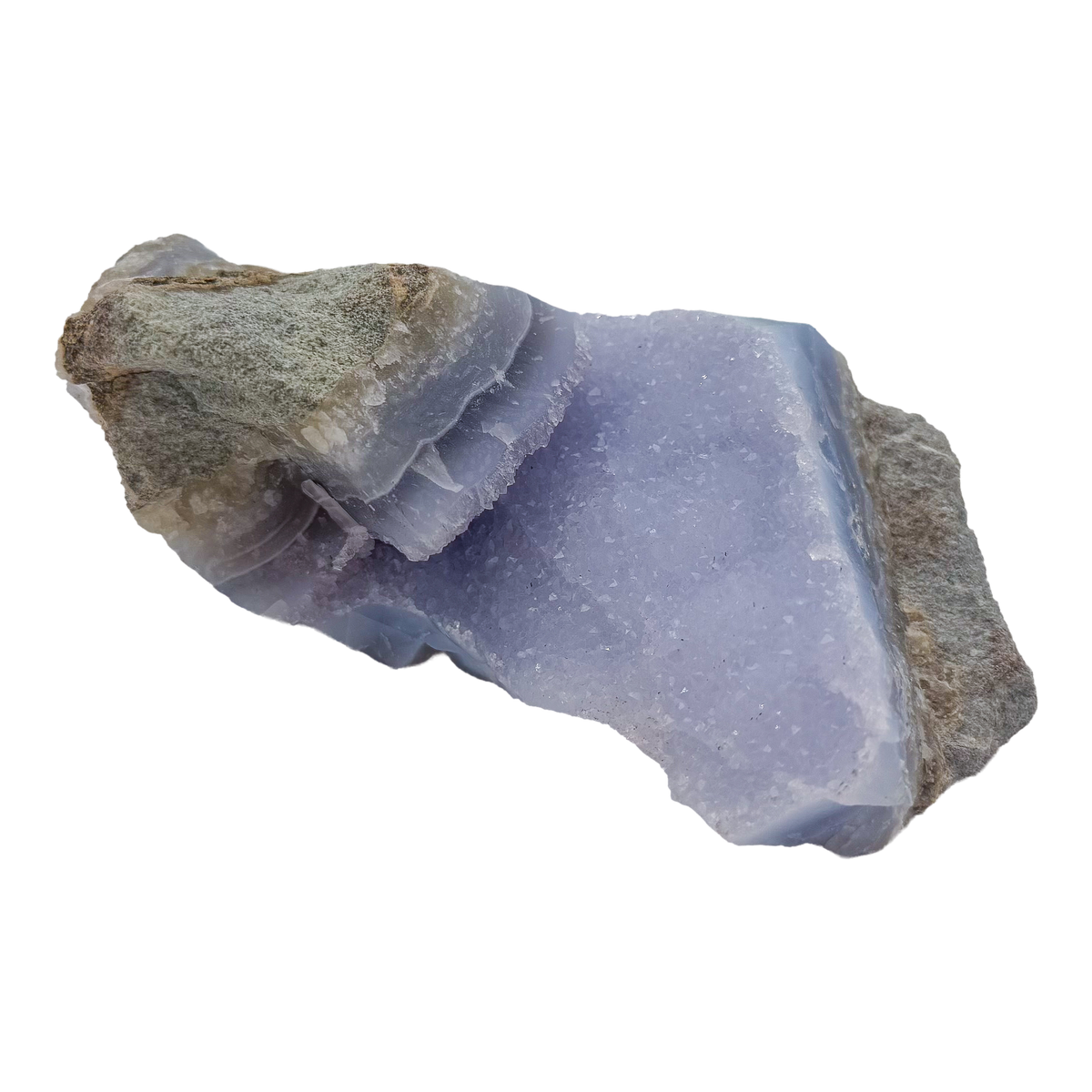 Blue lace agate raw geode from Malawi, AA grade, 6.43 inch piece with a broad open cavity of blue druzy