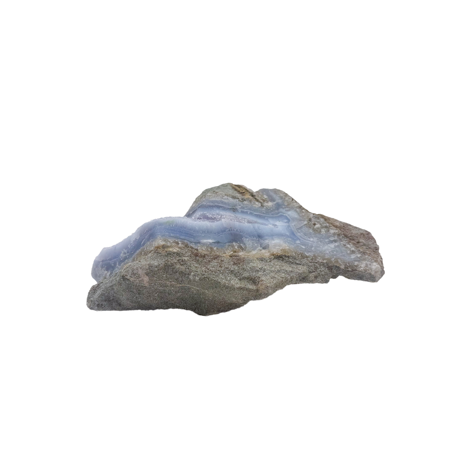 Blue lace agate raw geode from Malawi, uncut host rock framing the blue banded interior
