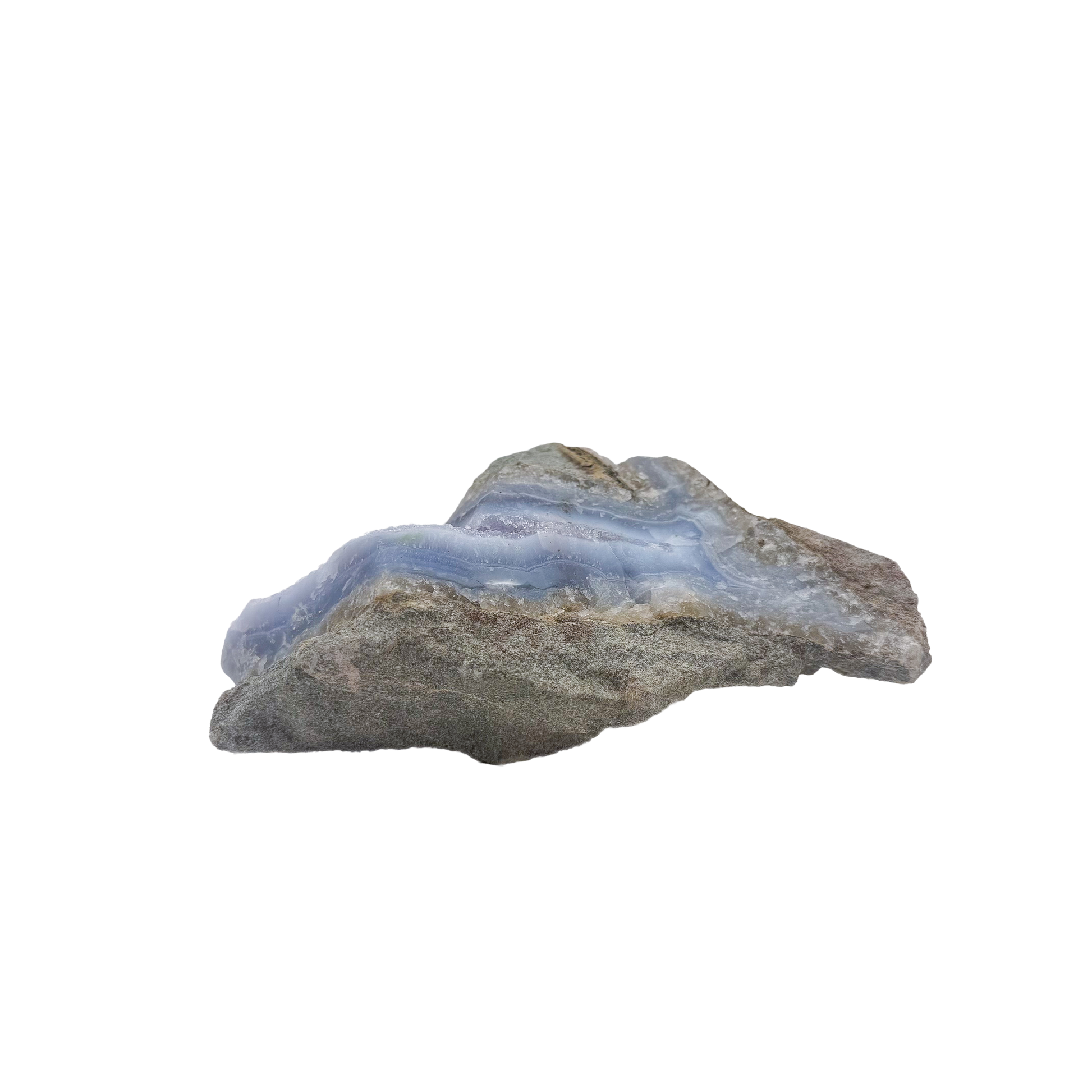 Blue lace agate raw geode from Malawi, uncut host rock framing the blue banded interior