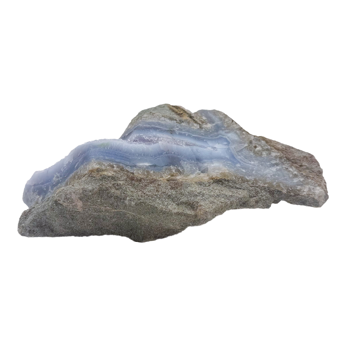 Blue lace agate raw geode from Malawi, uncut host rock framing the blue banded interior