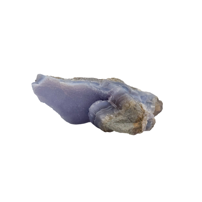 Blue lace agate raw geode, wide banded face angled into the light