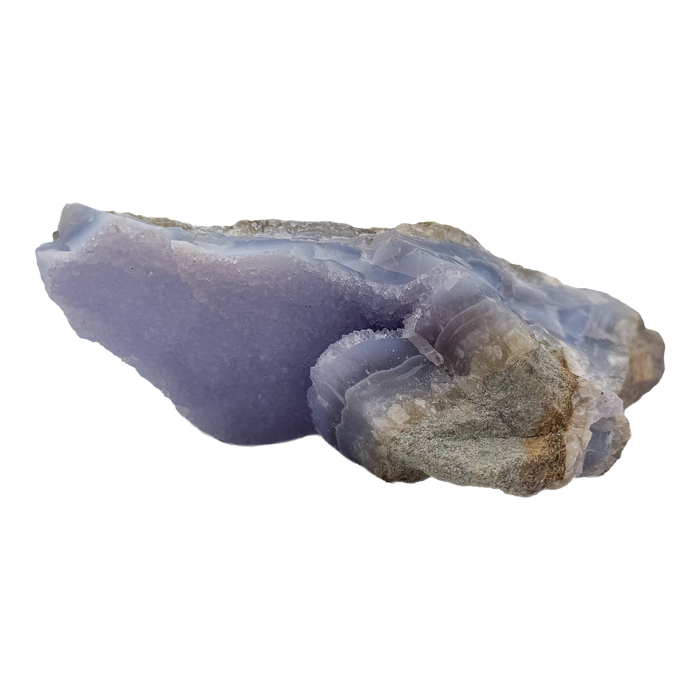 Blue lace agate raw geode, wide banded face angled into the light