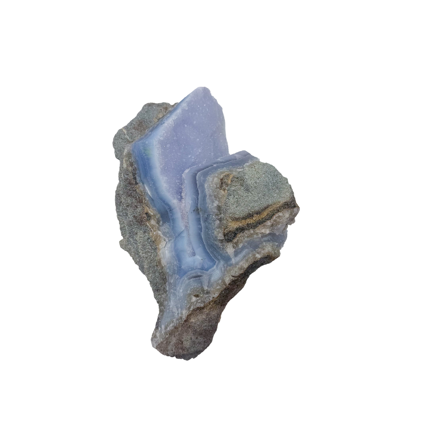 Blue lace agate raw geode, detail of pale blue lacy banding