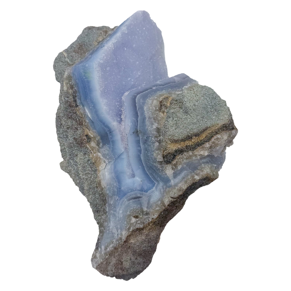Blue lace agate raw geode, detail of pale blue lacy banding