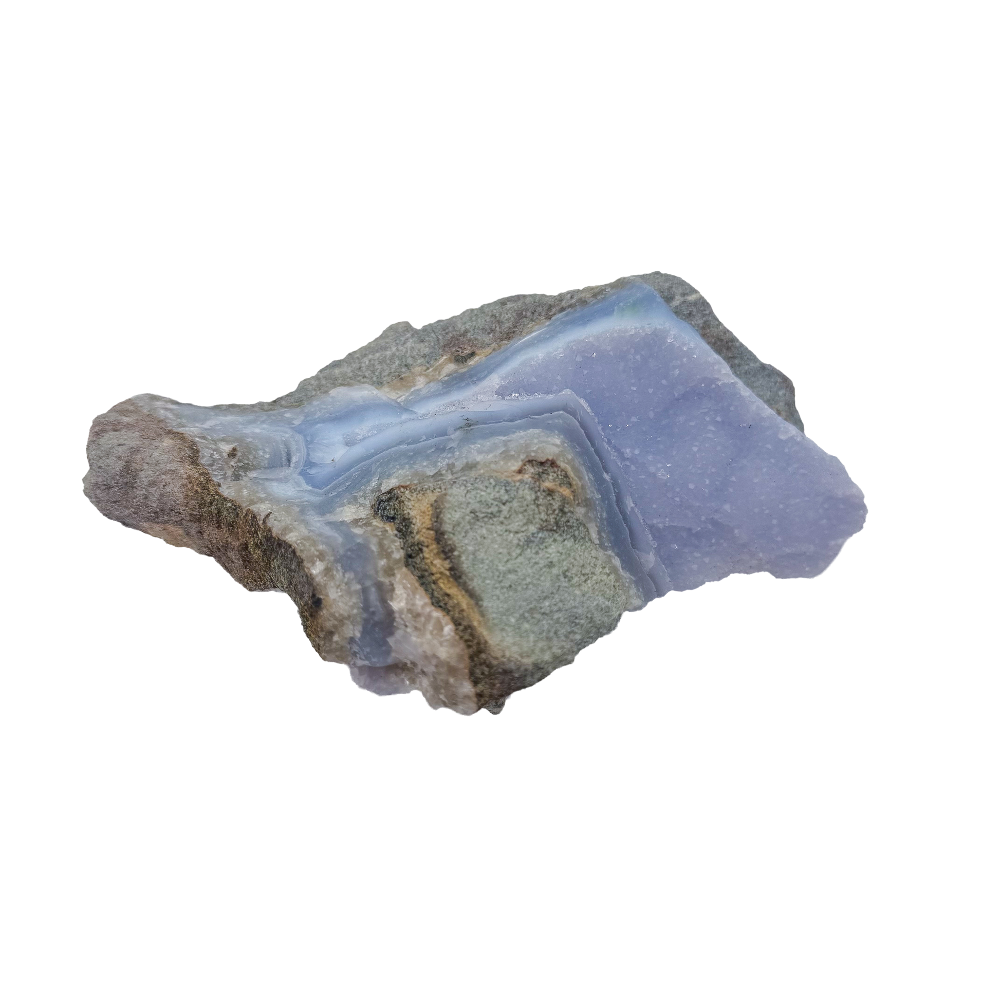Blue lace agate raw geode, upright view of the open blue cavity