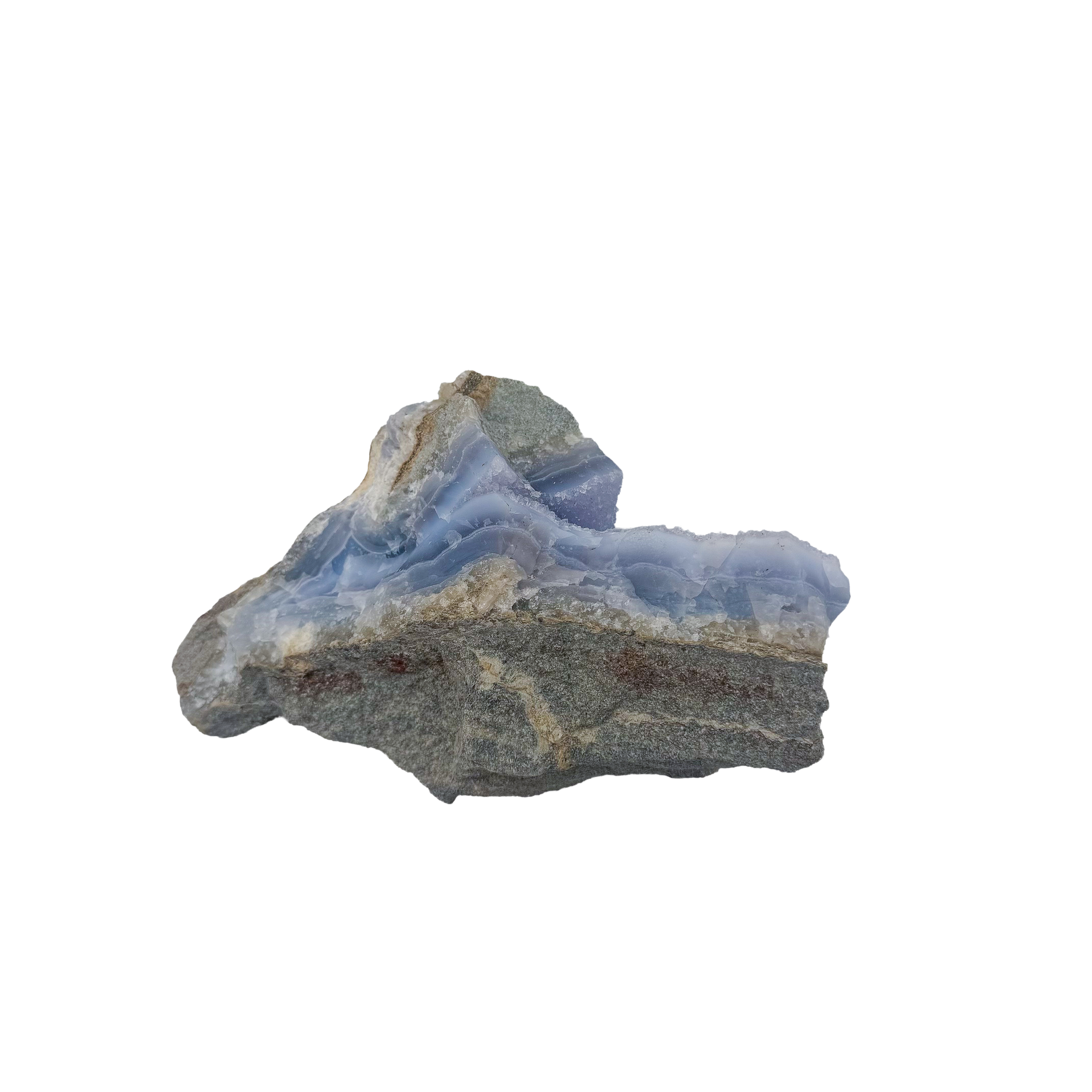 Blue lace agate raw geode, rear view of rough tan and grey host rock