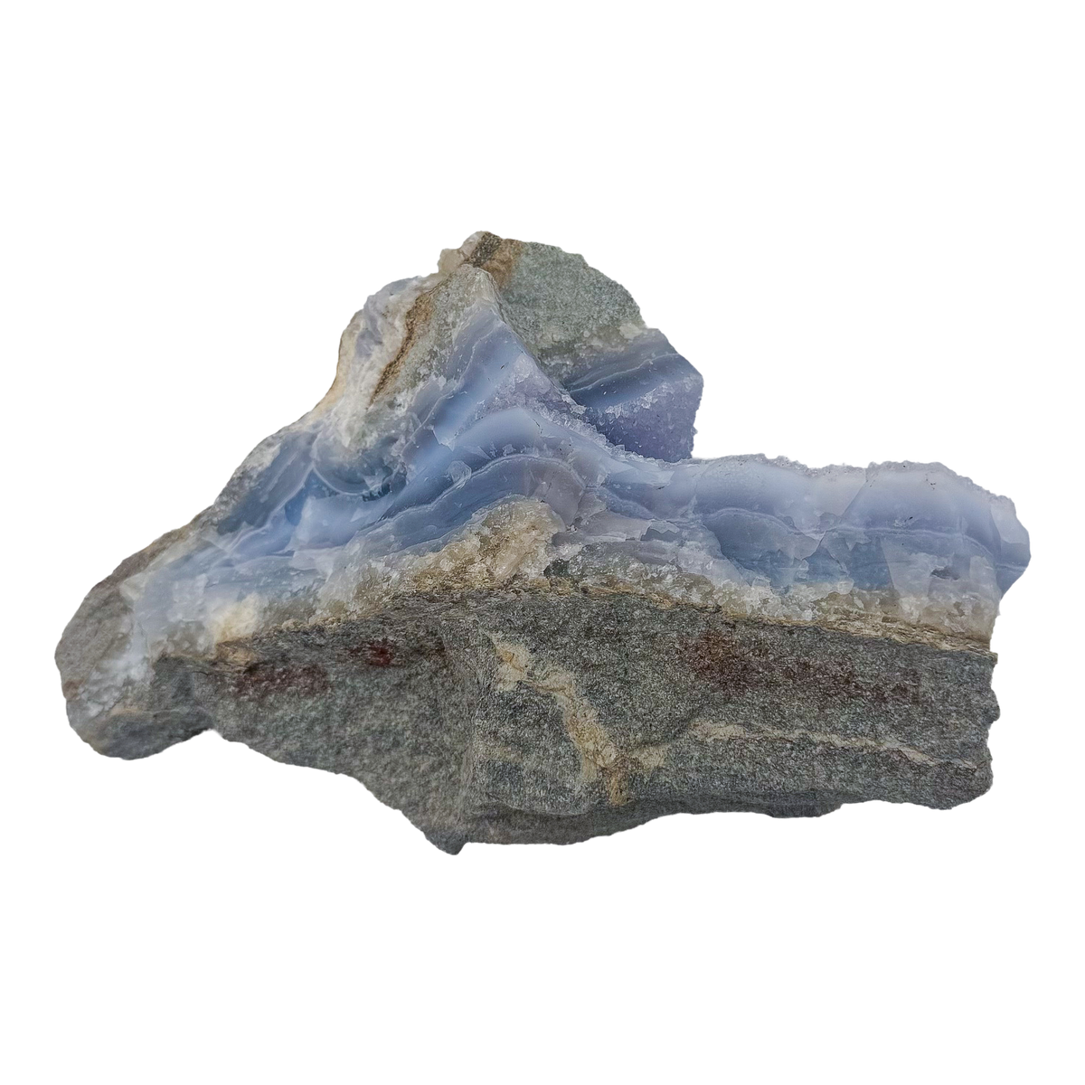 Blue lace agate raw geode, rear view of rough tan and gray host rock