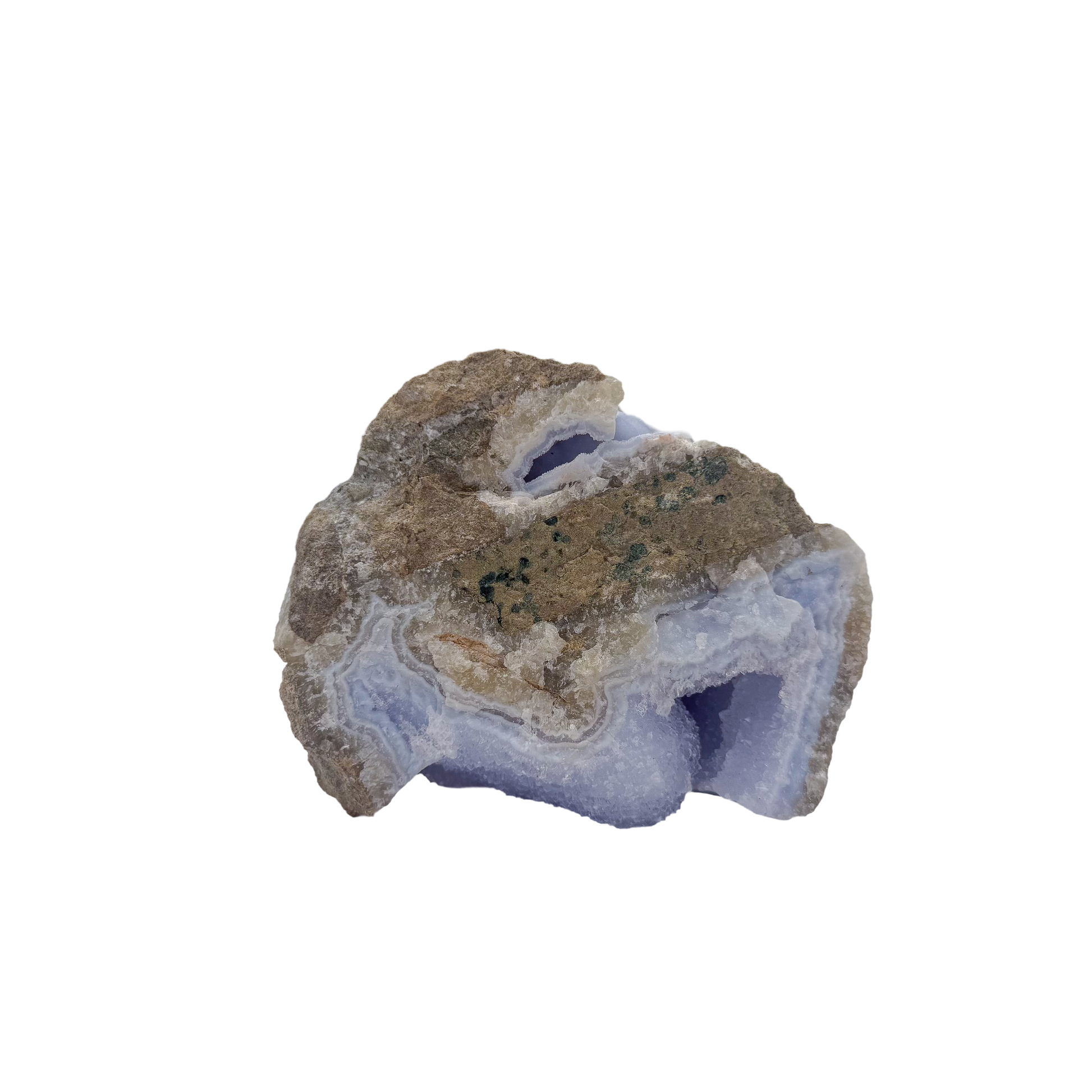 Blue lace agate raw geode from Malawi, AA grade, compact 3.90 inch nodule with blue banded chalcedony