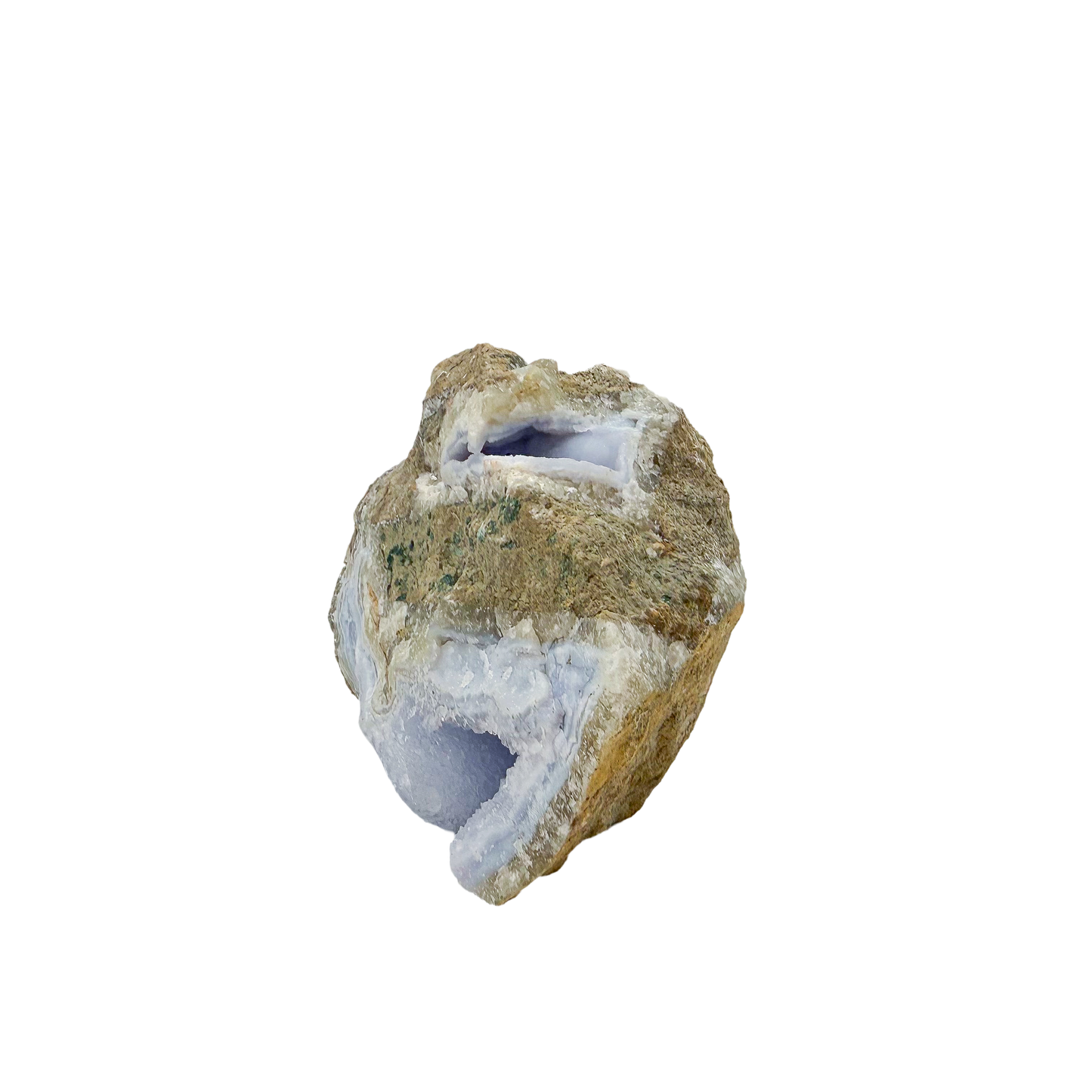 Blue lace agate raw geode from Malawi, uncut host rock framing the blue interior