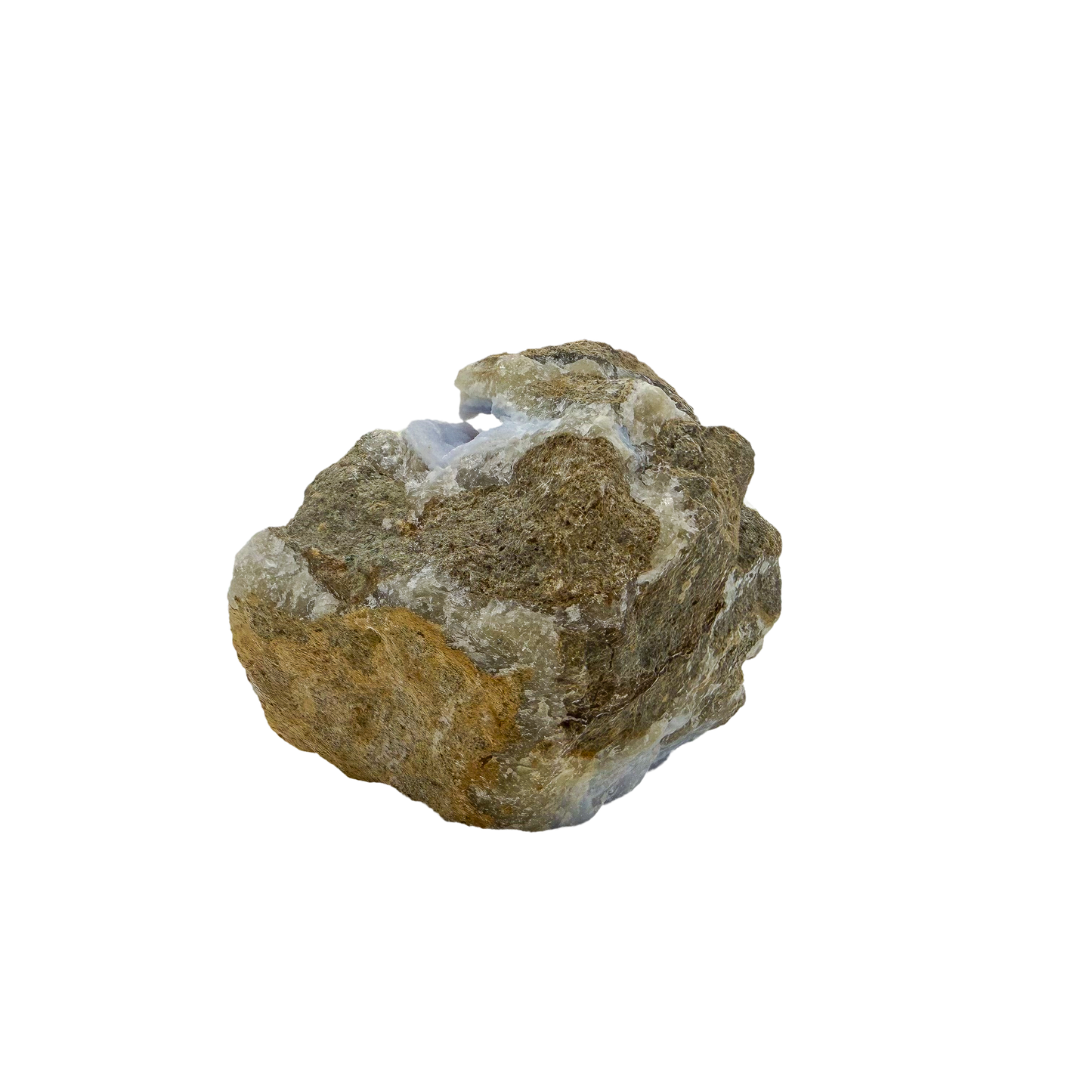 Blue lace agate raw geode, dense nodule seen from above