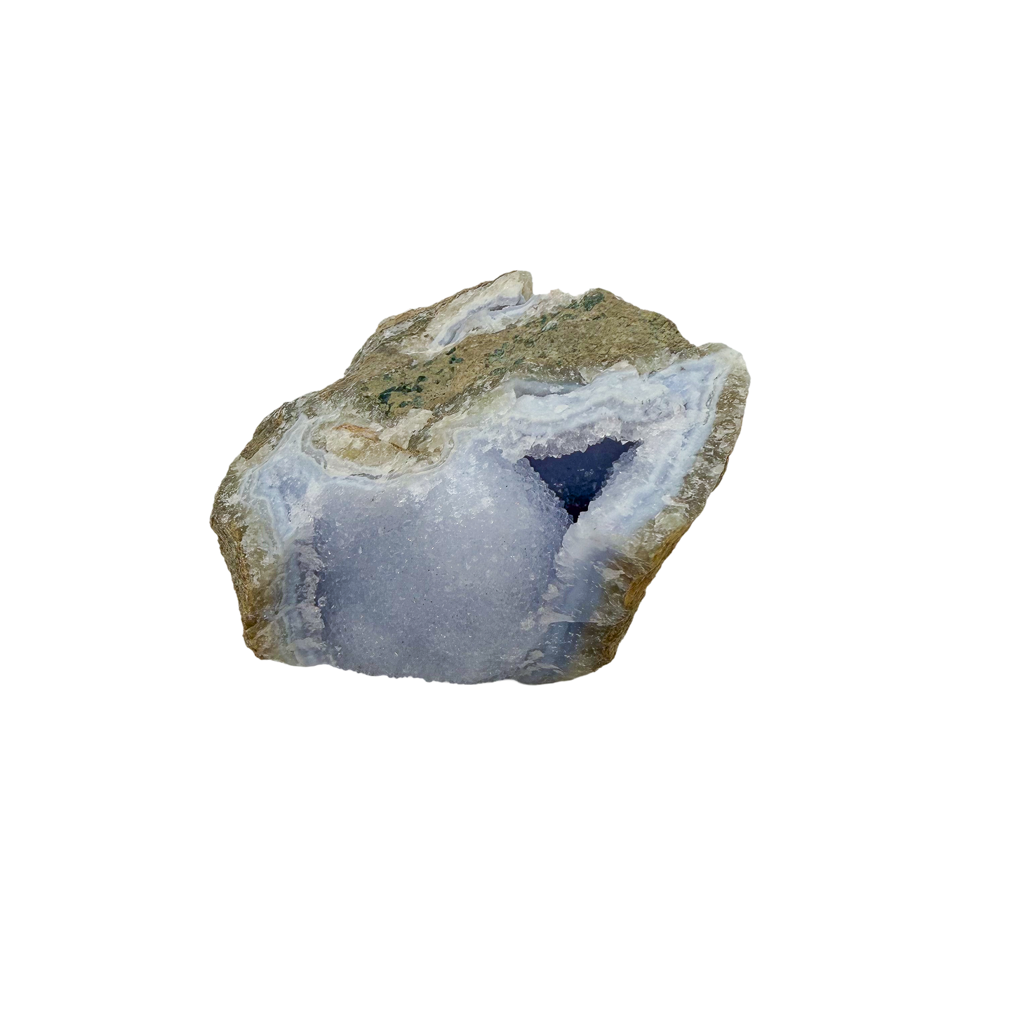 Blue lace agate raw geode, upright view of the blue banded cavity