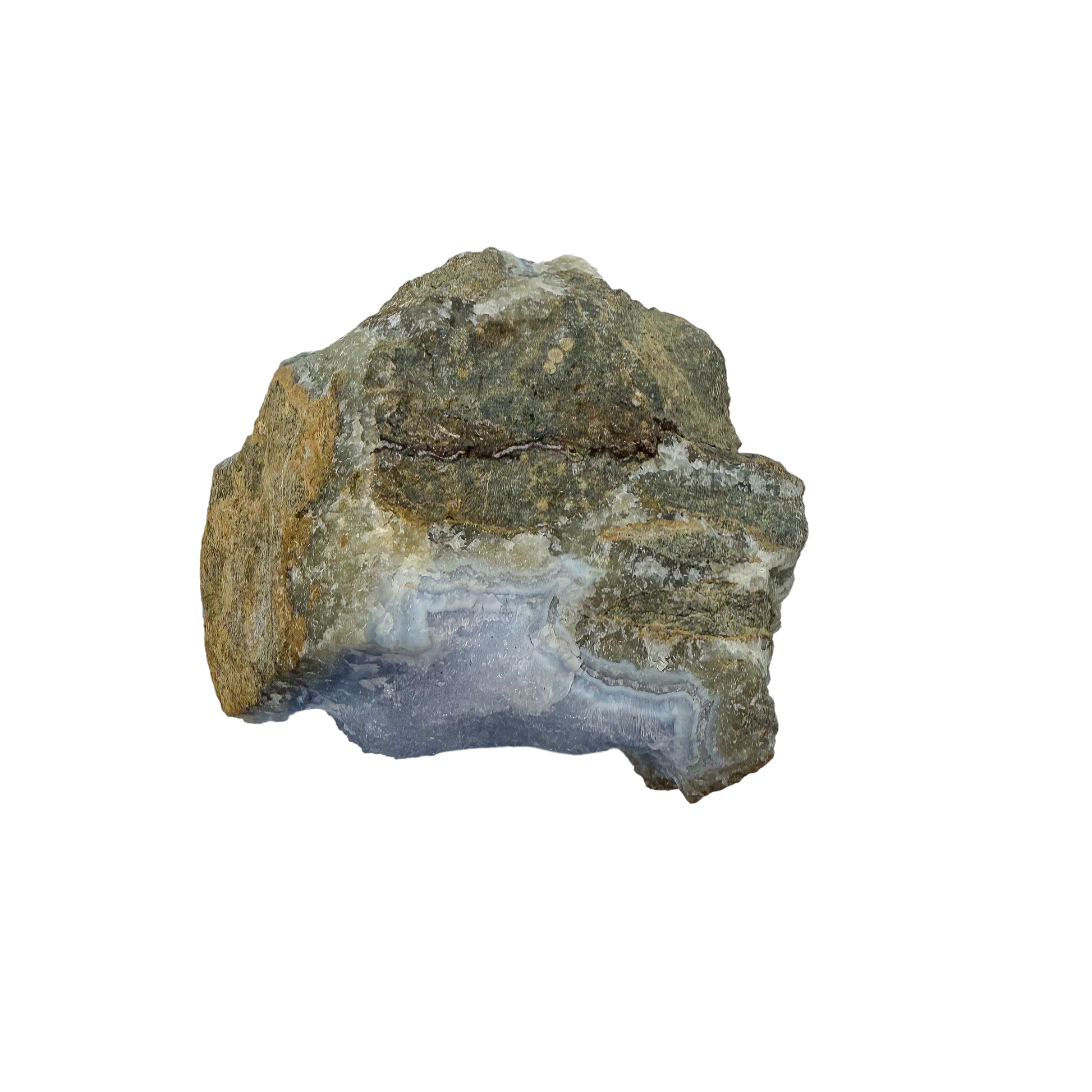 Blue lace agate raw geode, side profile of the tall compact nodule