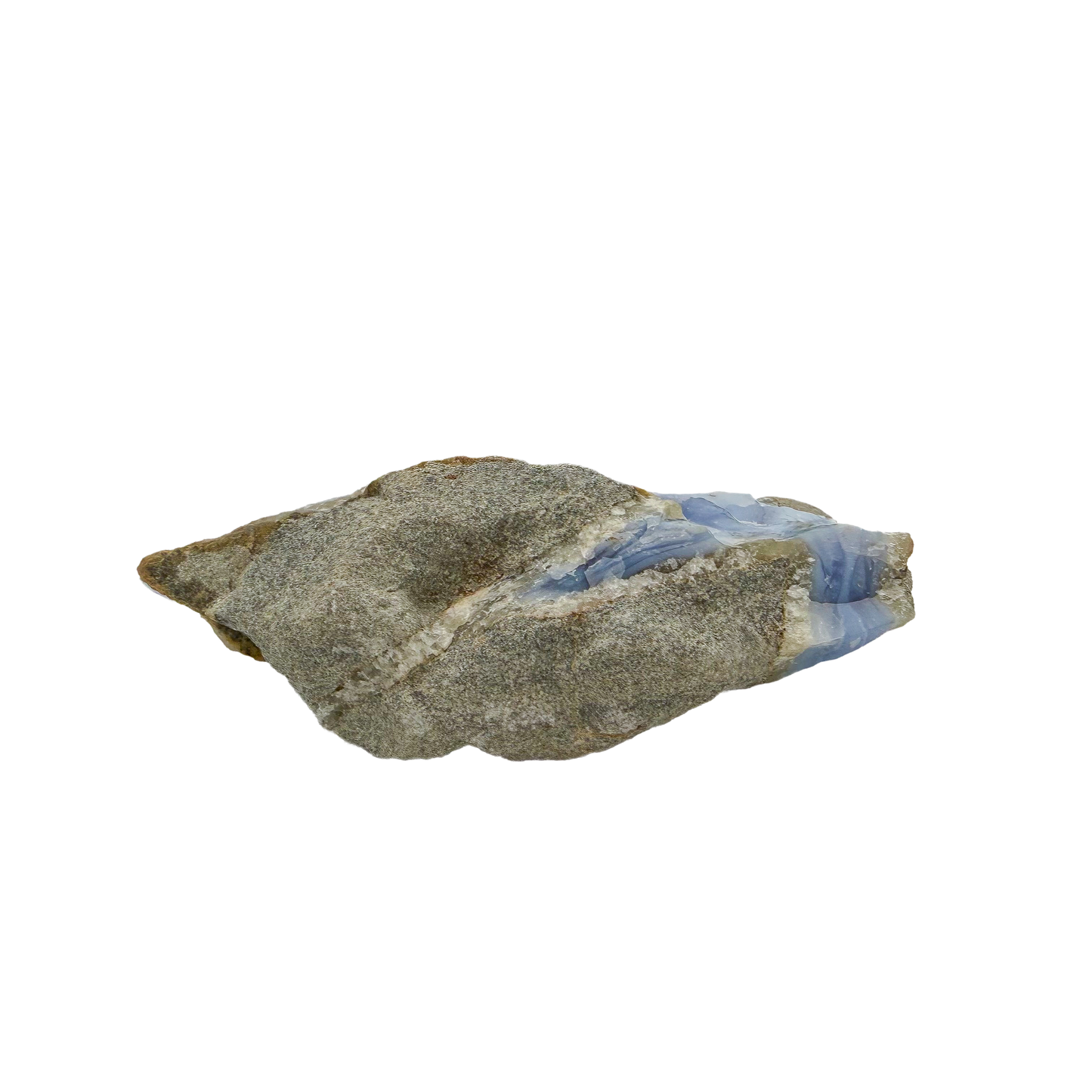Blue lace agate raw geode from Malawi, rough host rock behind the banded face