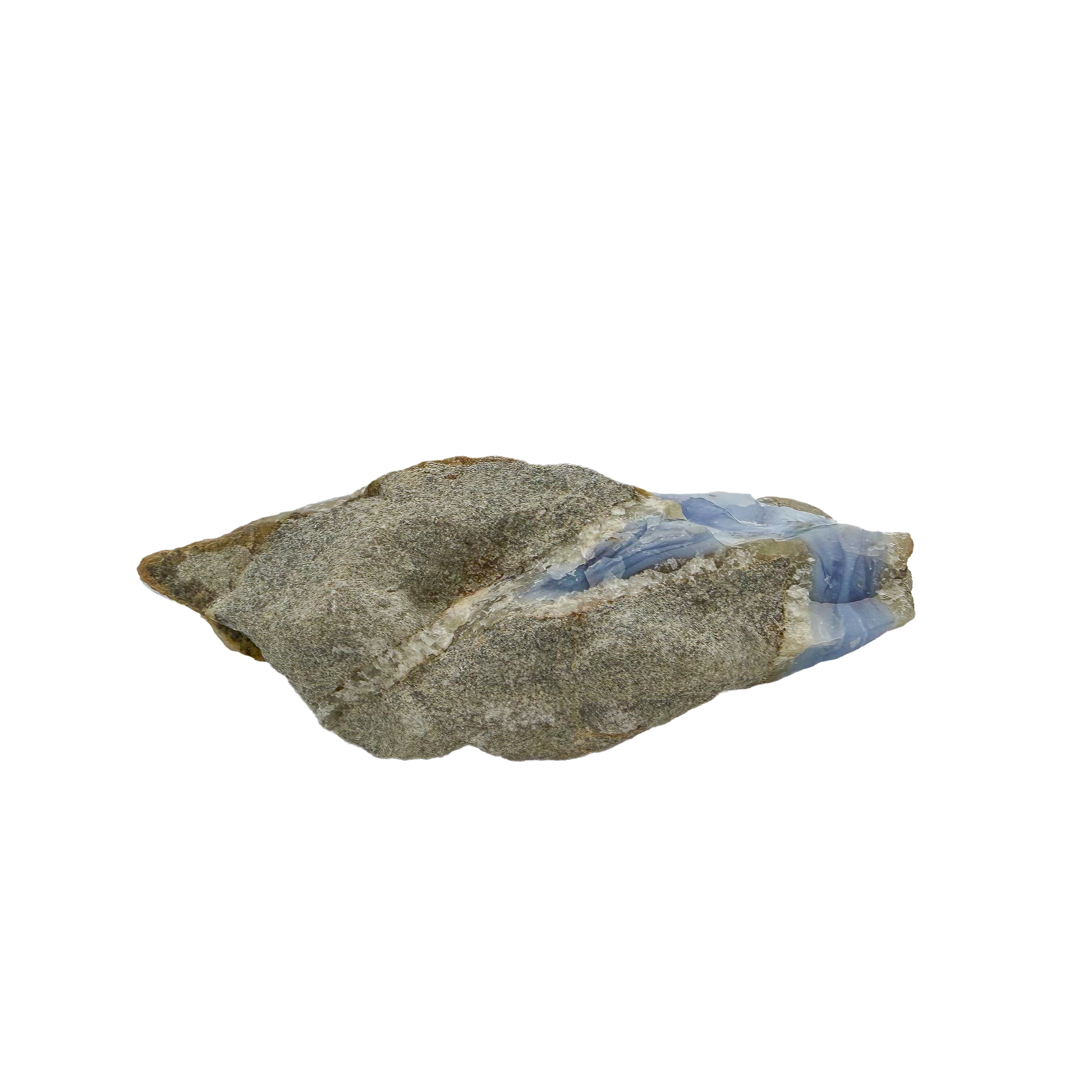 Blue lace agate raw geode from Malawi, rough host rock behind the banded face
