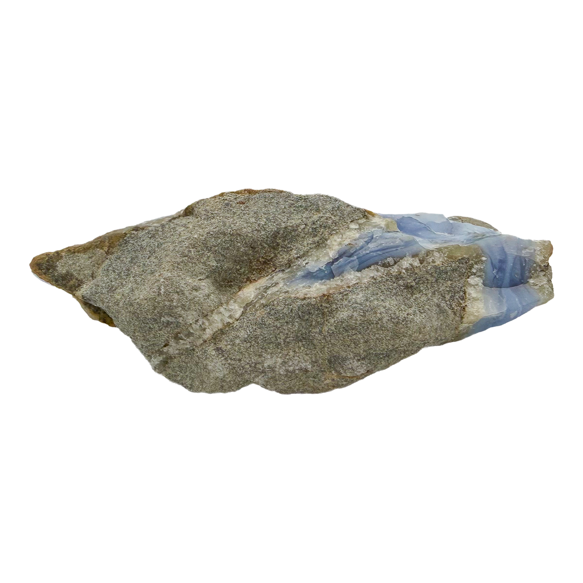 Blue lace agate raw geode from Malawi, rough host rock behind the banded face
