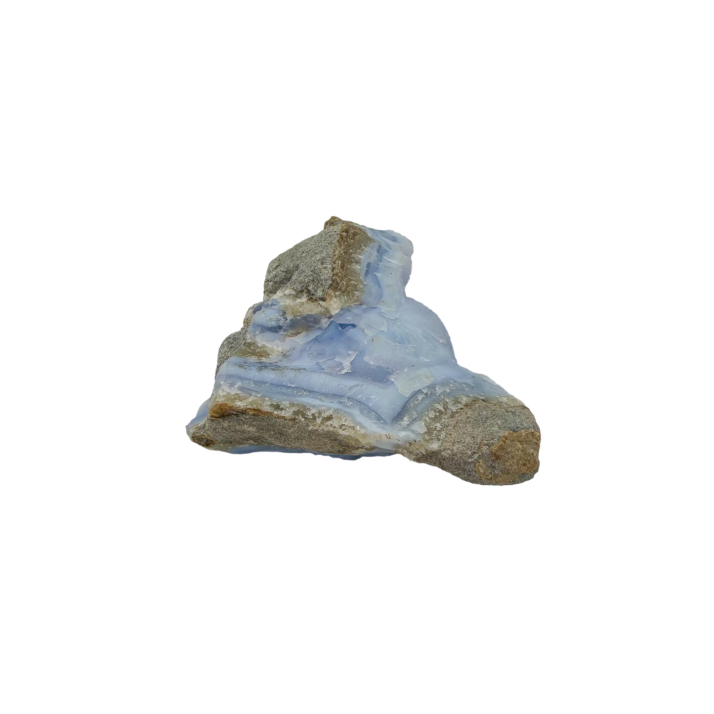 Blue lace agate raw geode, long banded face angled into the light