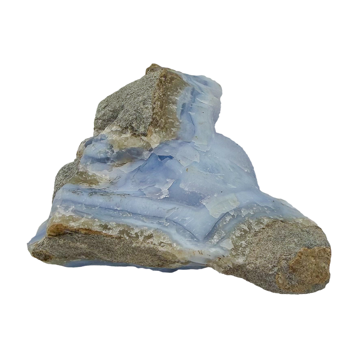 Blue lace agate raw geode, long banded face angled into the light