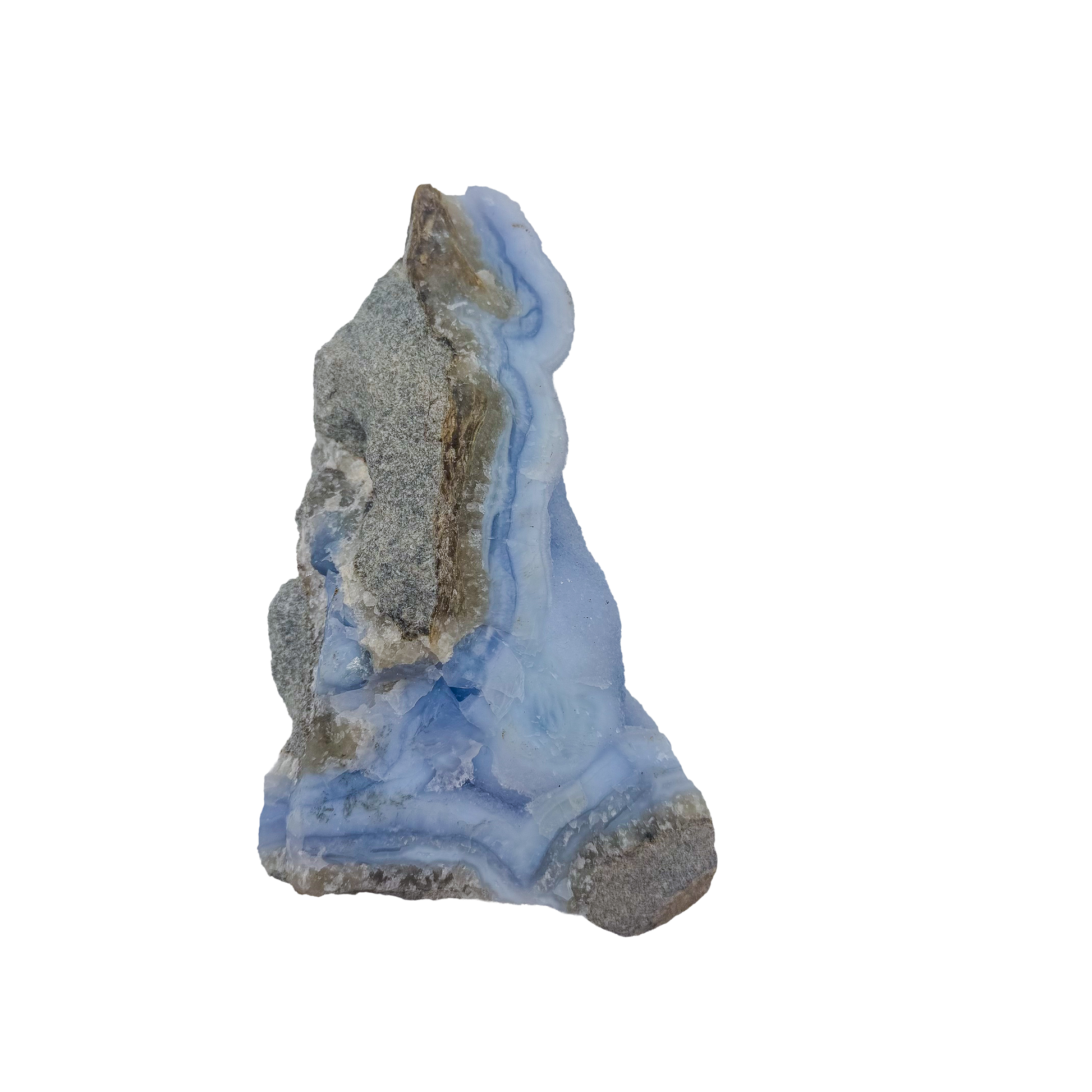 Blue lace agate raw geode, detail of pale blue lacy ribbons