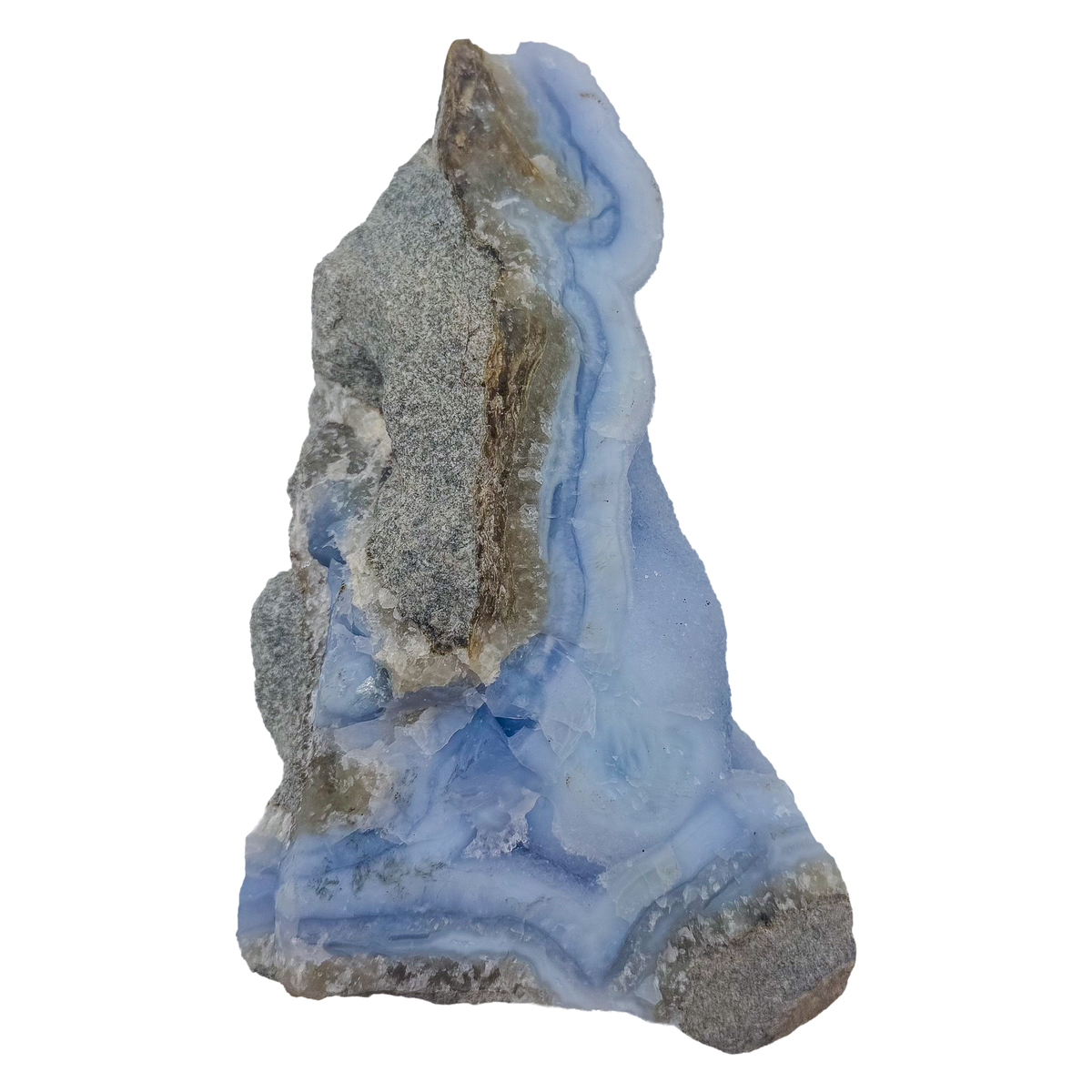 Blue lace agate raw geode, detail of pale blue lacy ribbons
