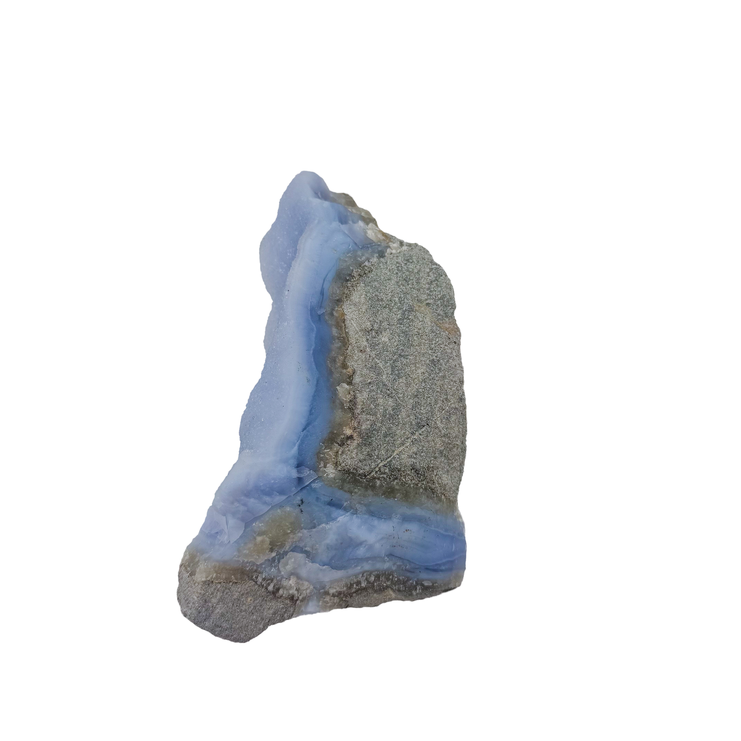 Blue lace agate raw geode, rear view of rough tan and grey host rock