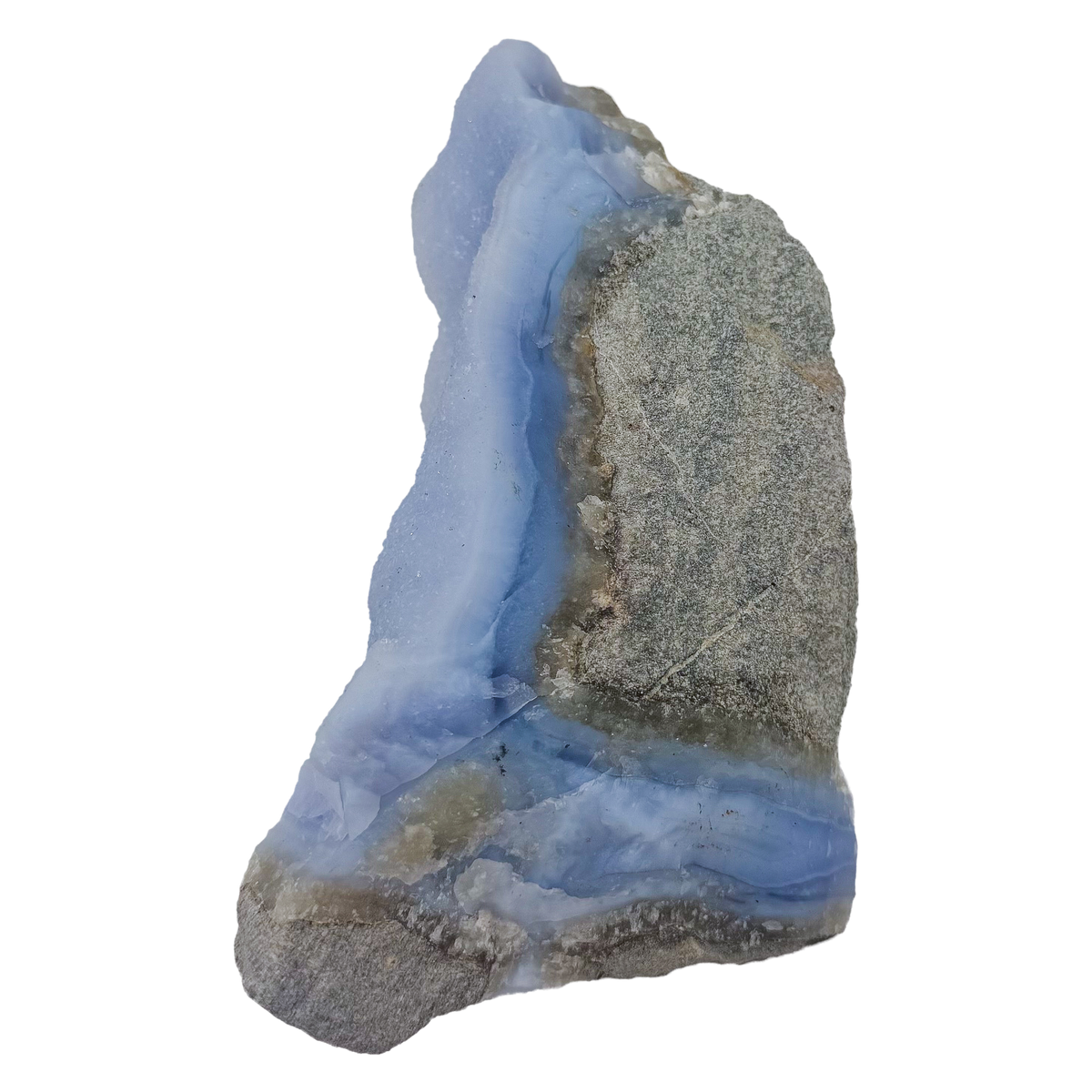 Blue lace agate raw geode, rear view of rough tan and gray host rock