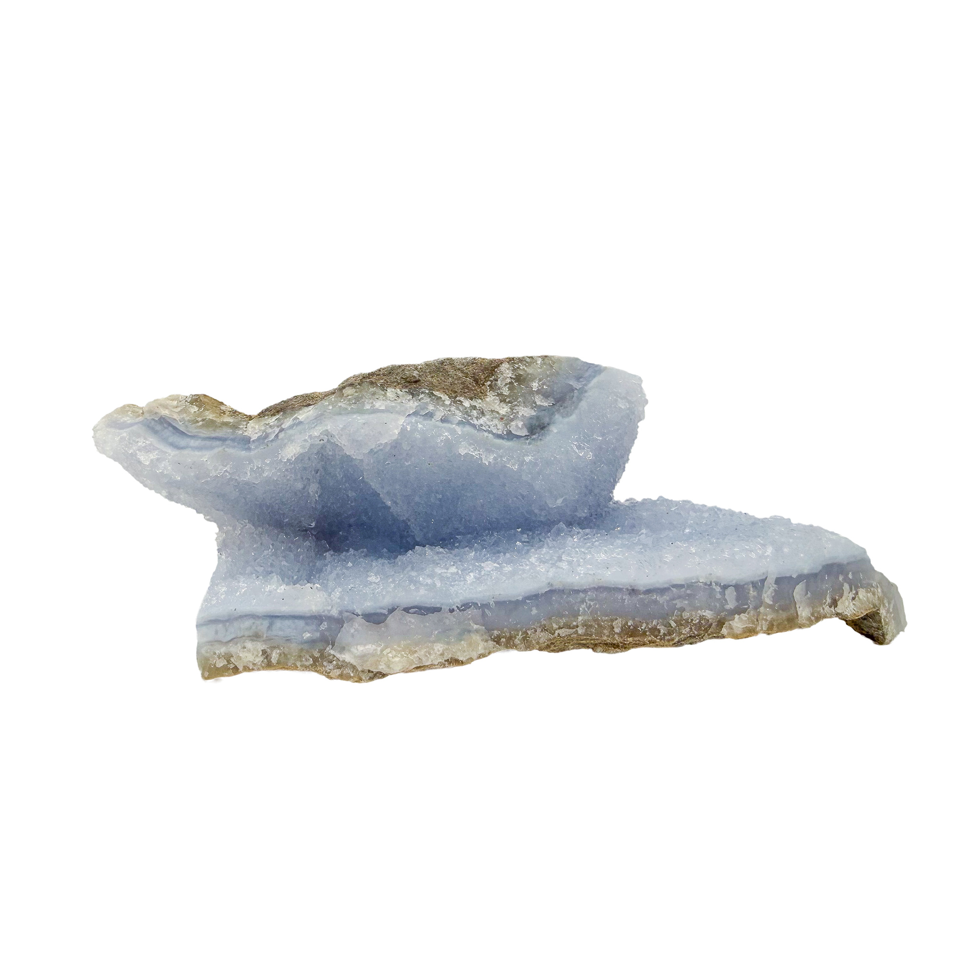 Blue lace agate raw geode from Malawi, AA grade, 6.71 inch narrow ridge of blue banding