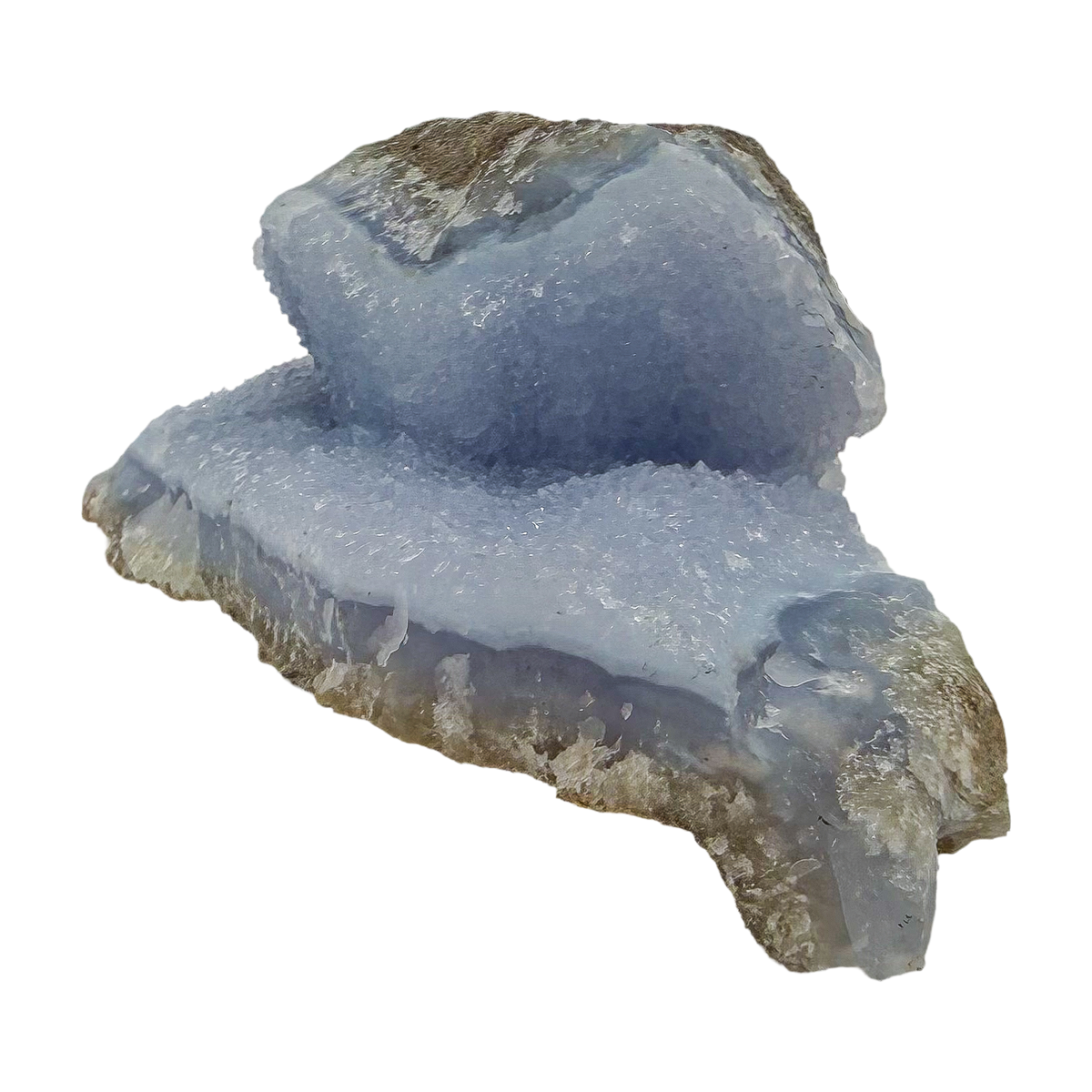 Blue lace agate raw geode from Malawi, long banded seam in uncut host rock