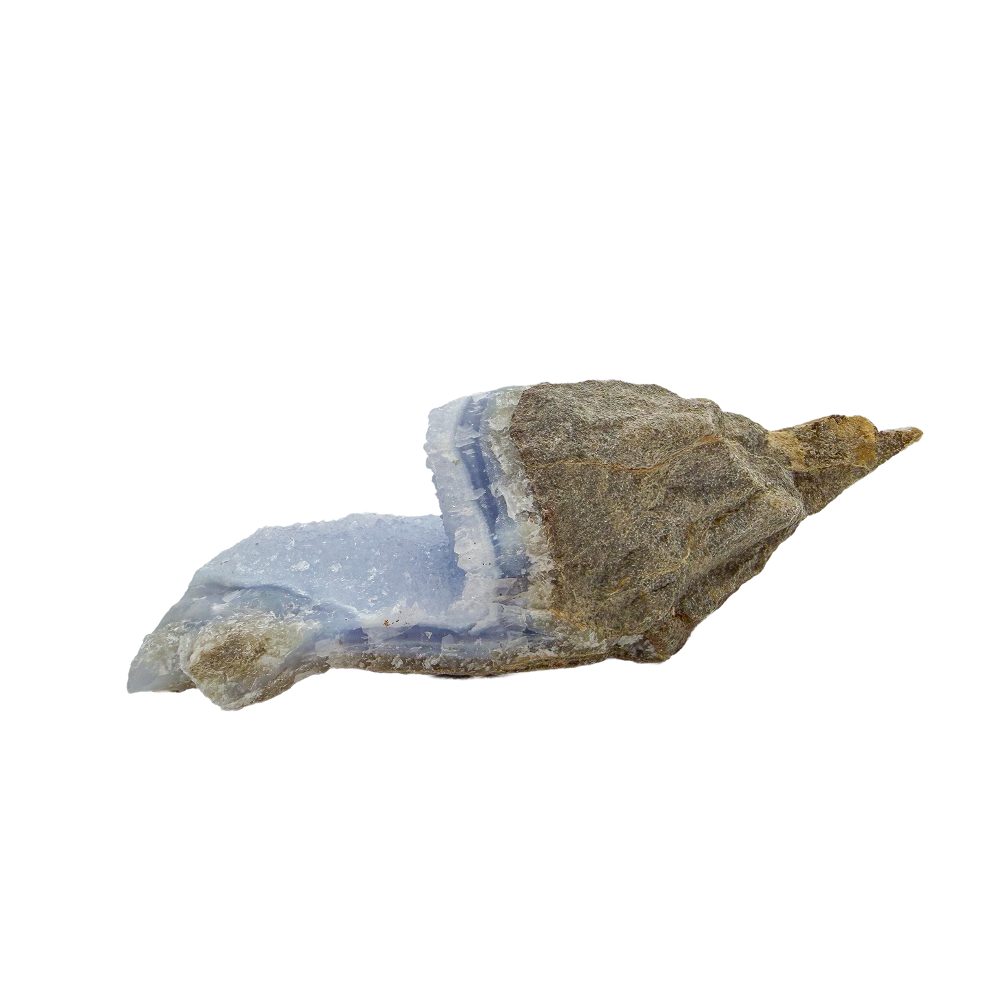 Blue lace agate raw geode, rough exterior along the length of the ridge