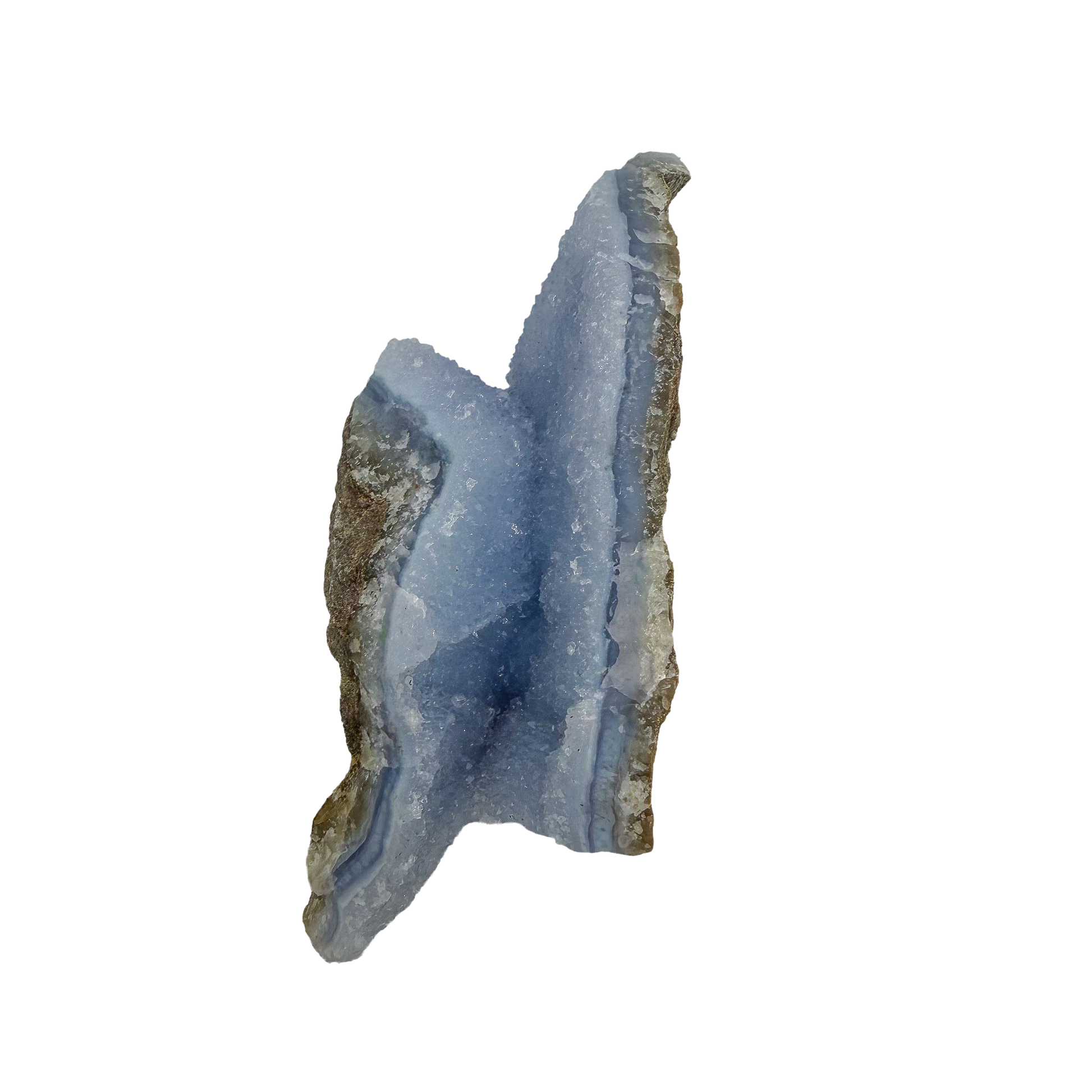 Blue lace agate raw geode, upright view with the fullest blue banding showing