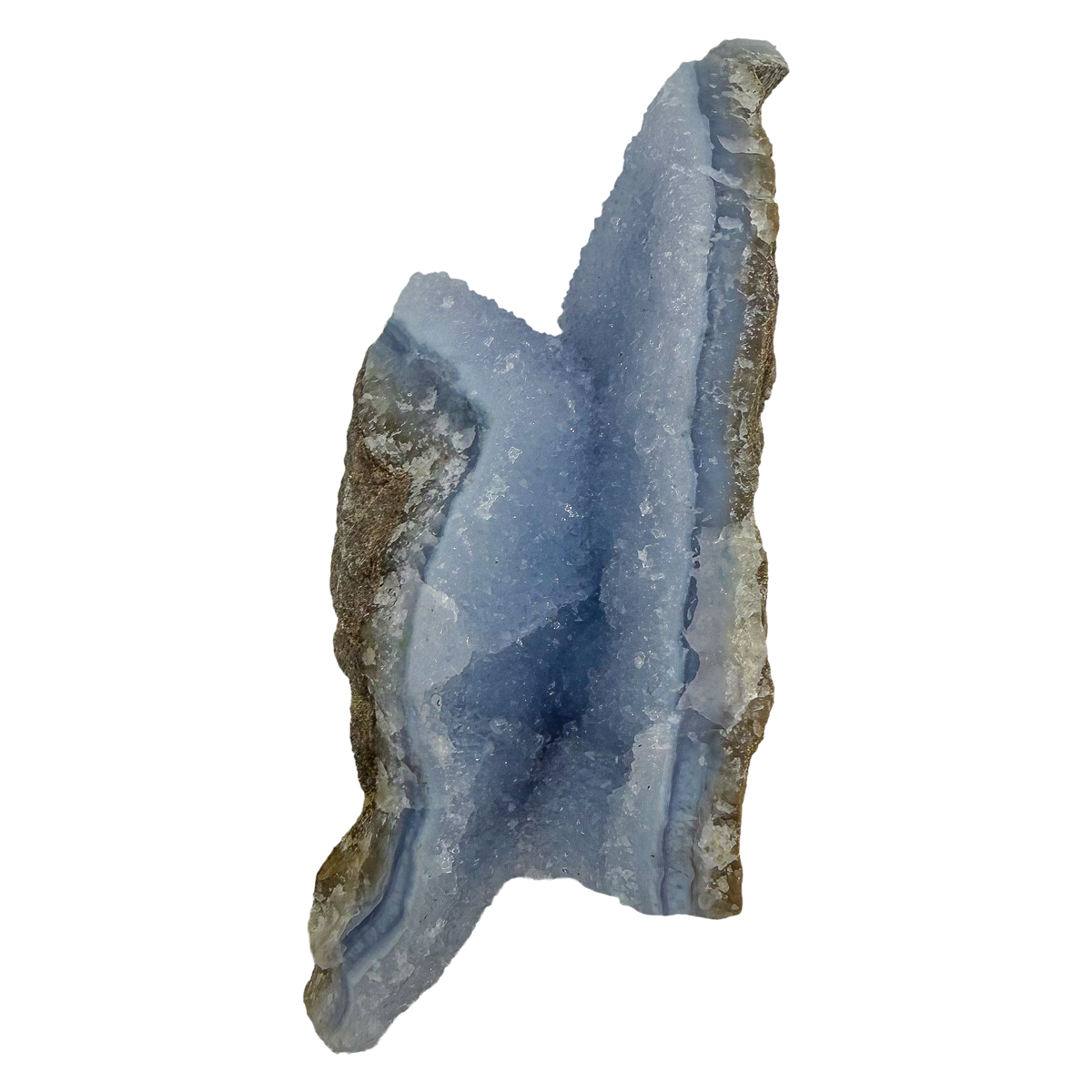 Blue lace agate raw geode, upright view with the fullest blue banding showing