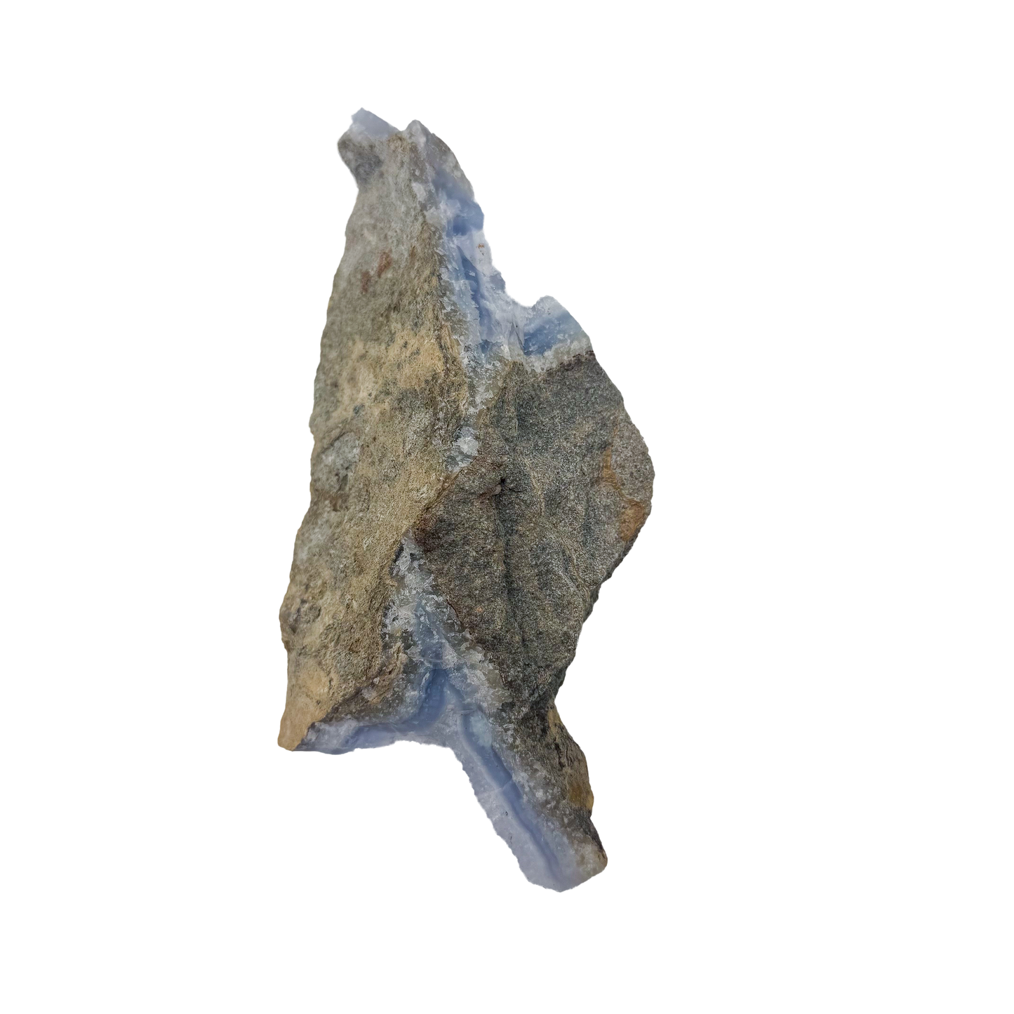 Blue lace agate raw geode, end-on view of the narrow nodule