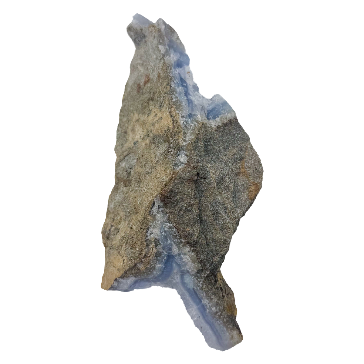 Blue lace agate raw geode, end-on view of the narrow nodule