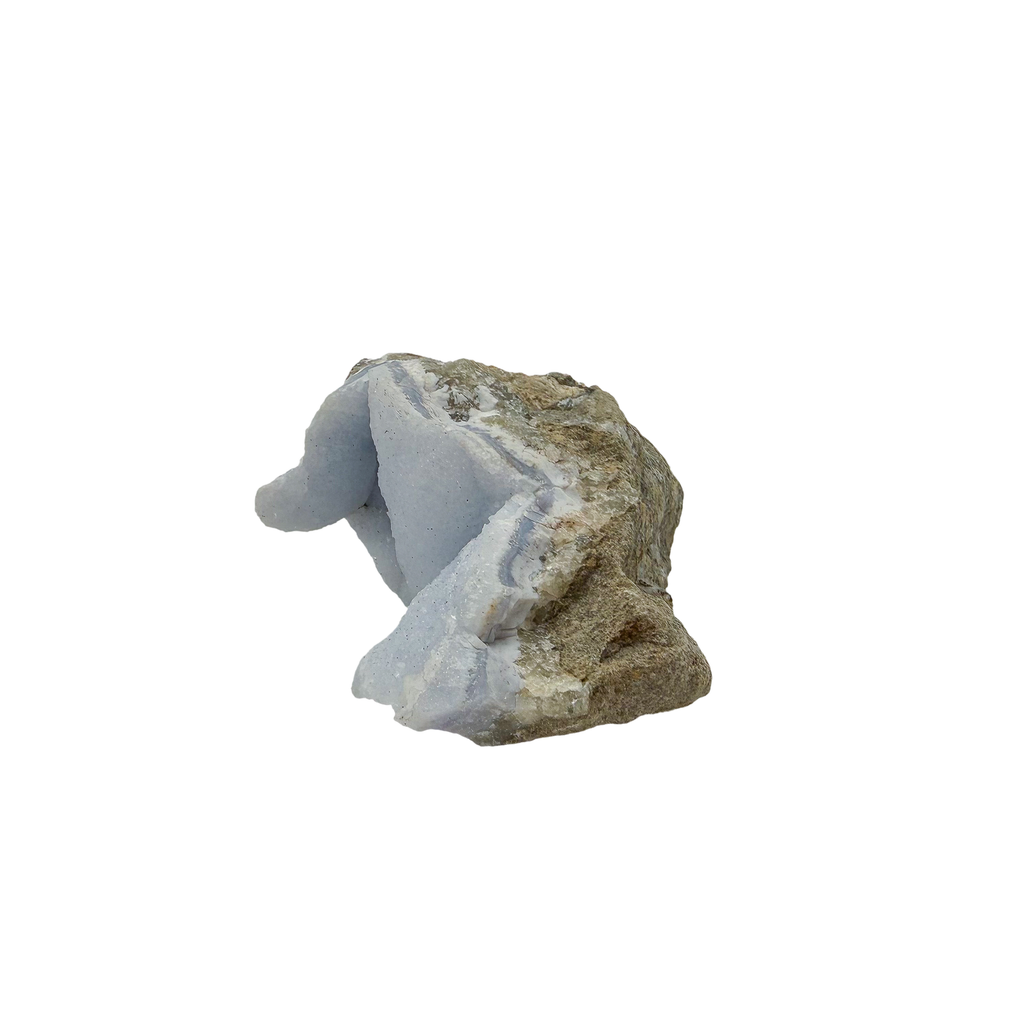 Blue lace agate raw geode from Malawi, uncut host rock around the shallow cavity