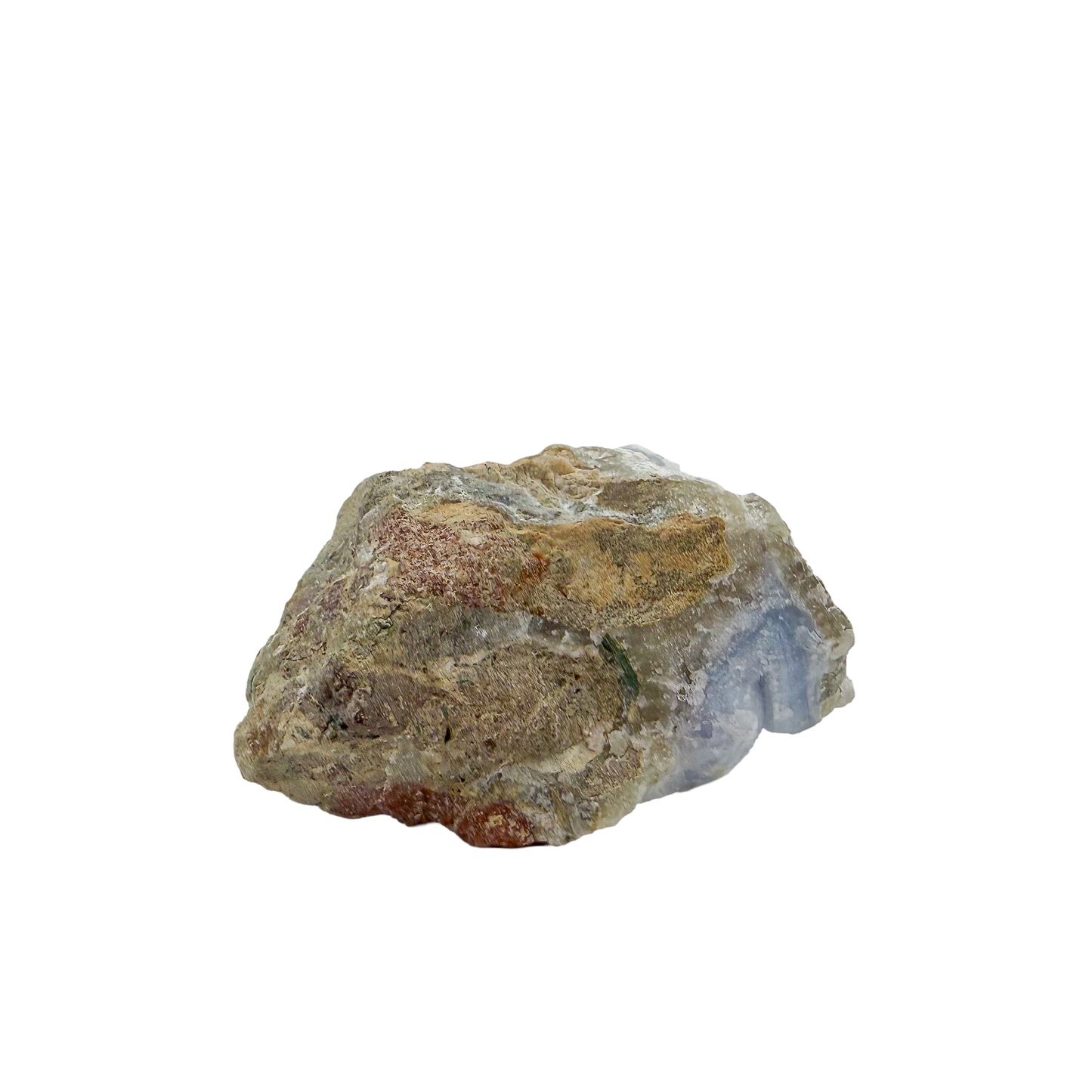 Blue lace agate raw geode, rear view of rough tan and grey host rock