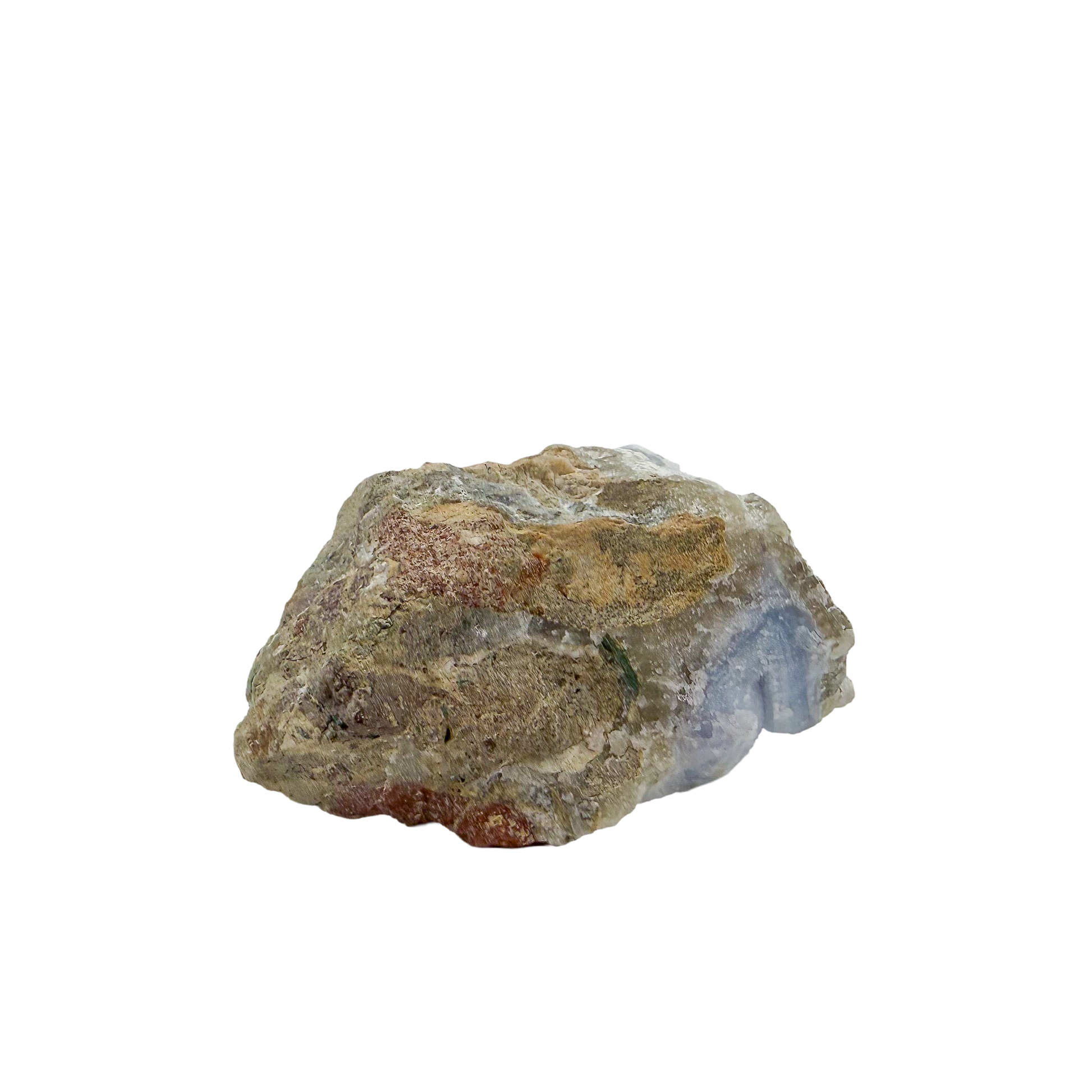 Blue lace agate raw geode, rear view of rough tan and grey host rock