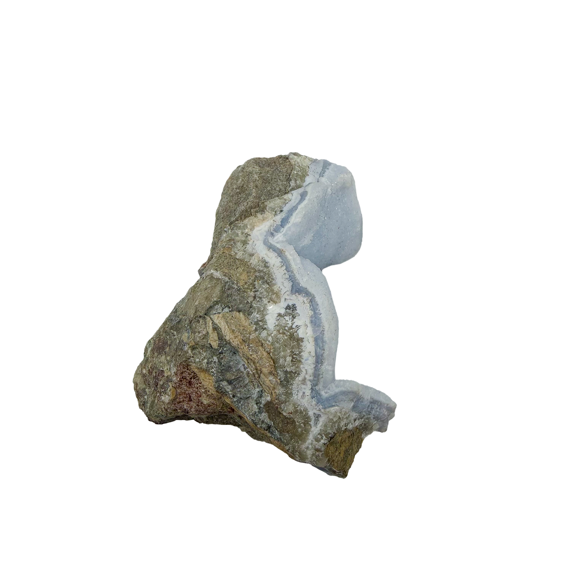 Blue lace agate raw geode, upright view of the open druzy bowl
