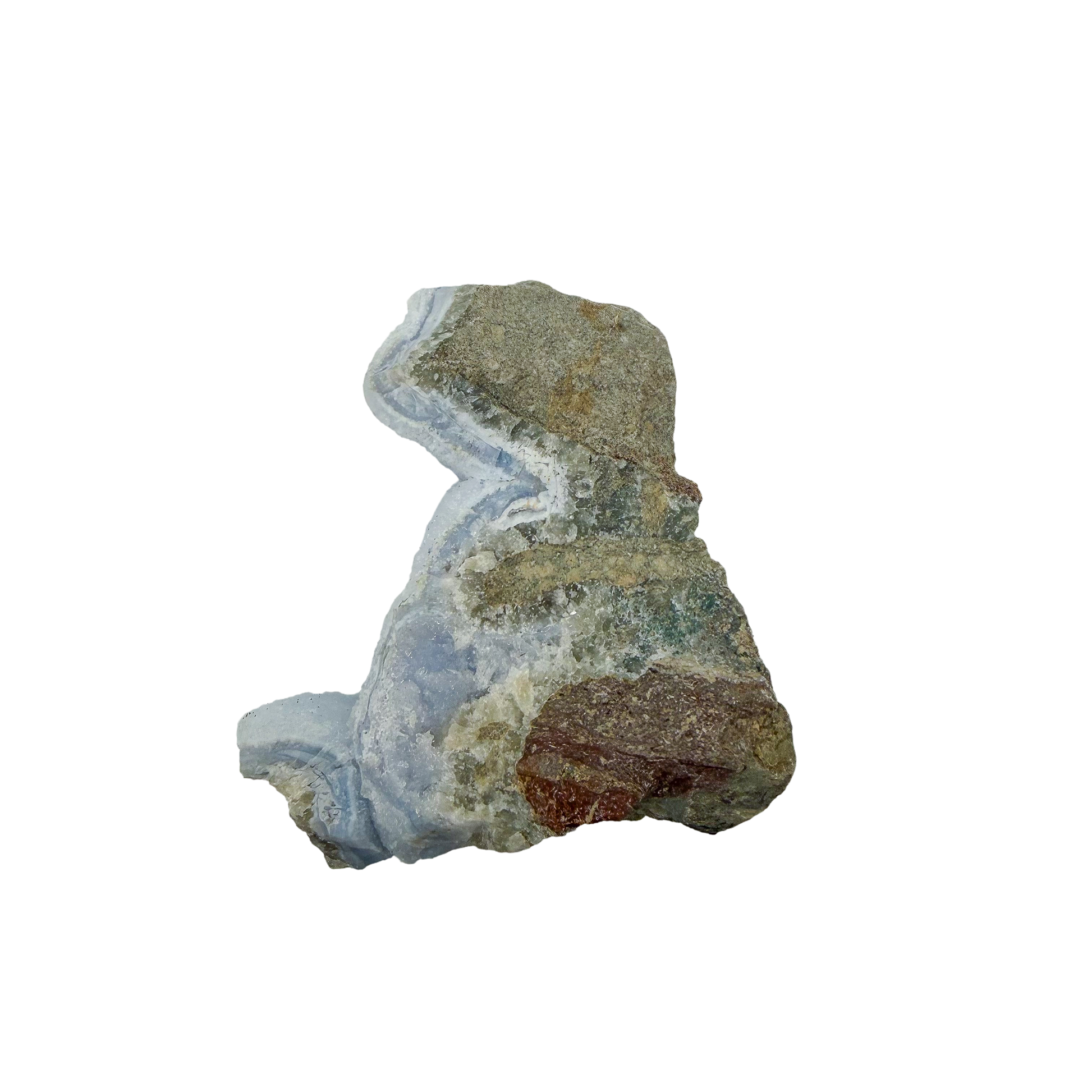 Blue lace agate raw geode, side profile showing the shallow depth