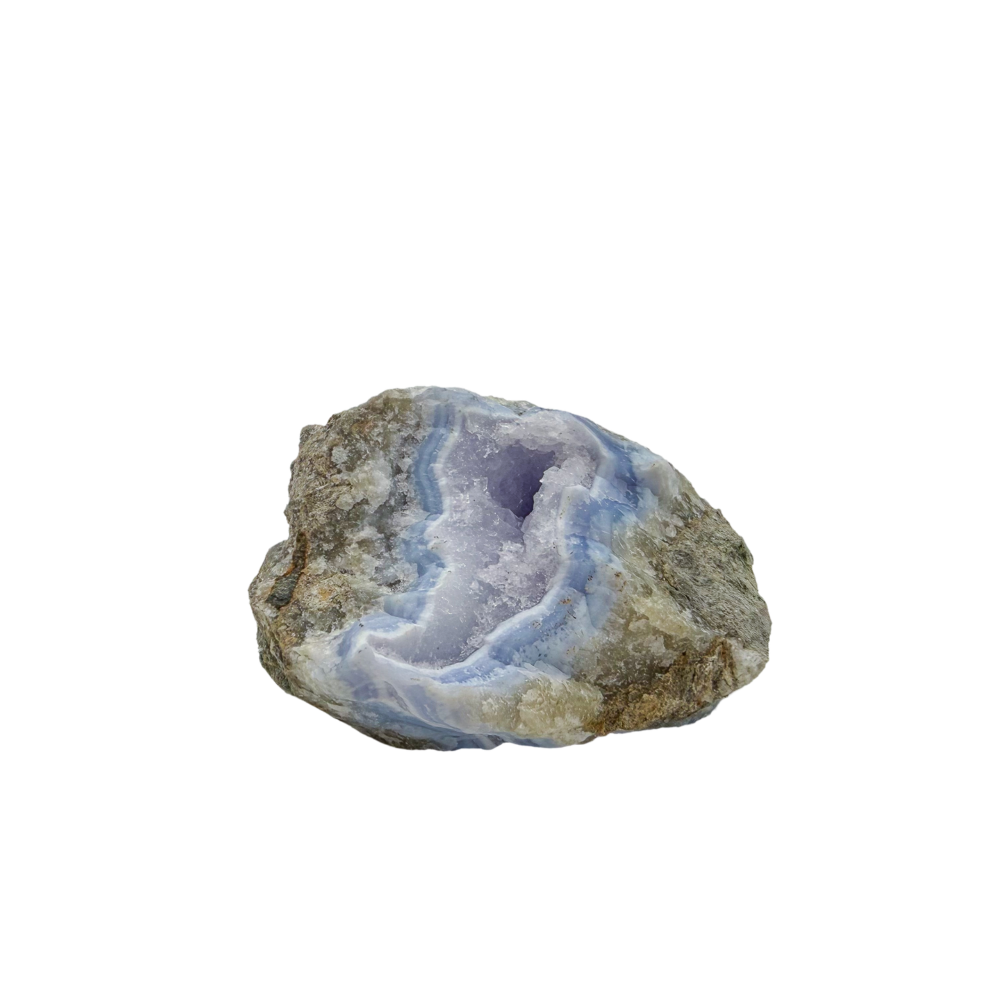 Blue lace agate raw geode from Malawi, AA grade, 3.74 inch piece with a small sky-blue pocket