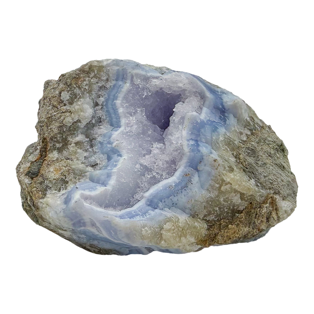 Blue lace agate raw geode from Malawi, AA grade, 3.74 inch piece with a small sky-blue pocket